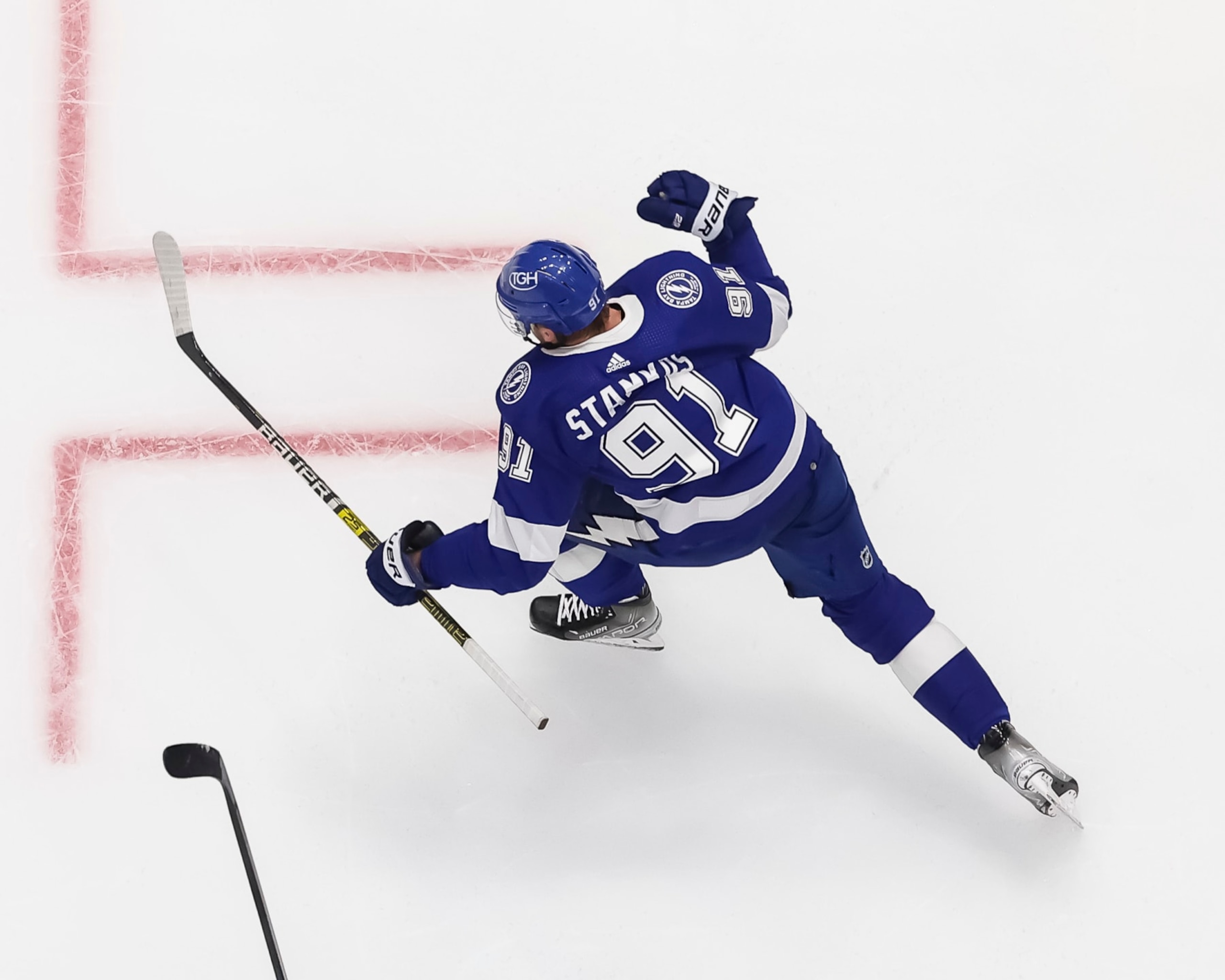 TAMPA, FL - APRIL 27: Steven Stamkos #91 of the Tampa Bay Lightning celebrates a goal against the Florida Panthers in Game Four of the First Round of the 2024 Stanley Cup Playoffs at Amalie Arena on April 27, 2024 in Tampa, Florida. (Photo by Mike Carlson/NHLI via Getty Images)