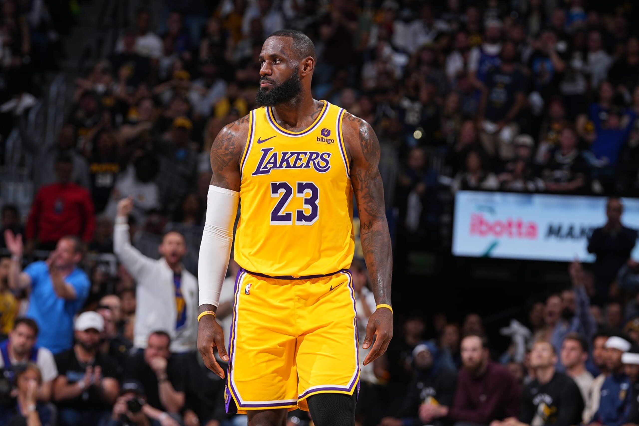 DENVER, CO - APRIL 29: LeBron James #23 of the Los Angeles Lakers looks on during the game against the Denver Nuggets during Round One Game Five of the 2024 NBA Playoffs on April 29, 2024 at the Ball Arena in Denver, Colorado. NOTE TO USER: User expressly acknowledges and agrees that, by downloading and/or using this Photograph, user is consenting to the terms and conditions of the Getty Images License Agreement. Mandatory Copyright Notice: Copyright 2024 NBAE (Photo by Bart Young/NBAE via Getty Images)