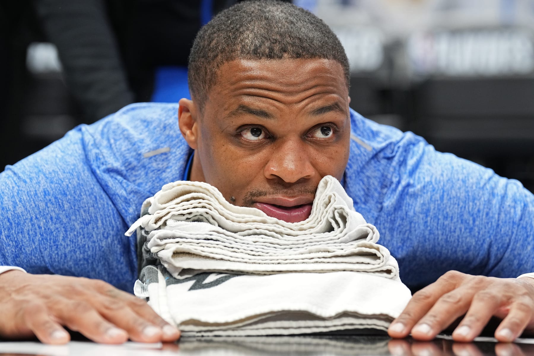 DALLAS, TX - MAY 3: Russell Westbrook #0 of the LA Clippers warms up before the game the game against the Dallas Mavericks during Round 1 Game 6 of the 2024 NBA Playoffs  on May 3, 2024  at the American Airlines Center in Dallas, Texas. NOTE TO USER: User expressly acknowledges and agrees that, by downloading and or using this photograph, User is consenting to the terms and conditions of the Getty Images License Agreement. Mandatory Copyright Notice: Copyright 2024 NBAE (Photo by Glenn James/NBAE via Getty Images)