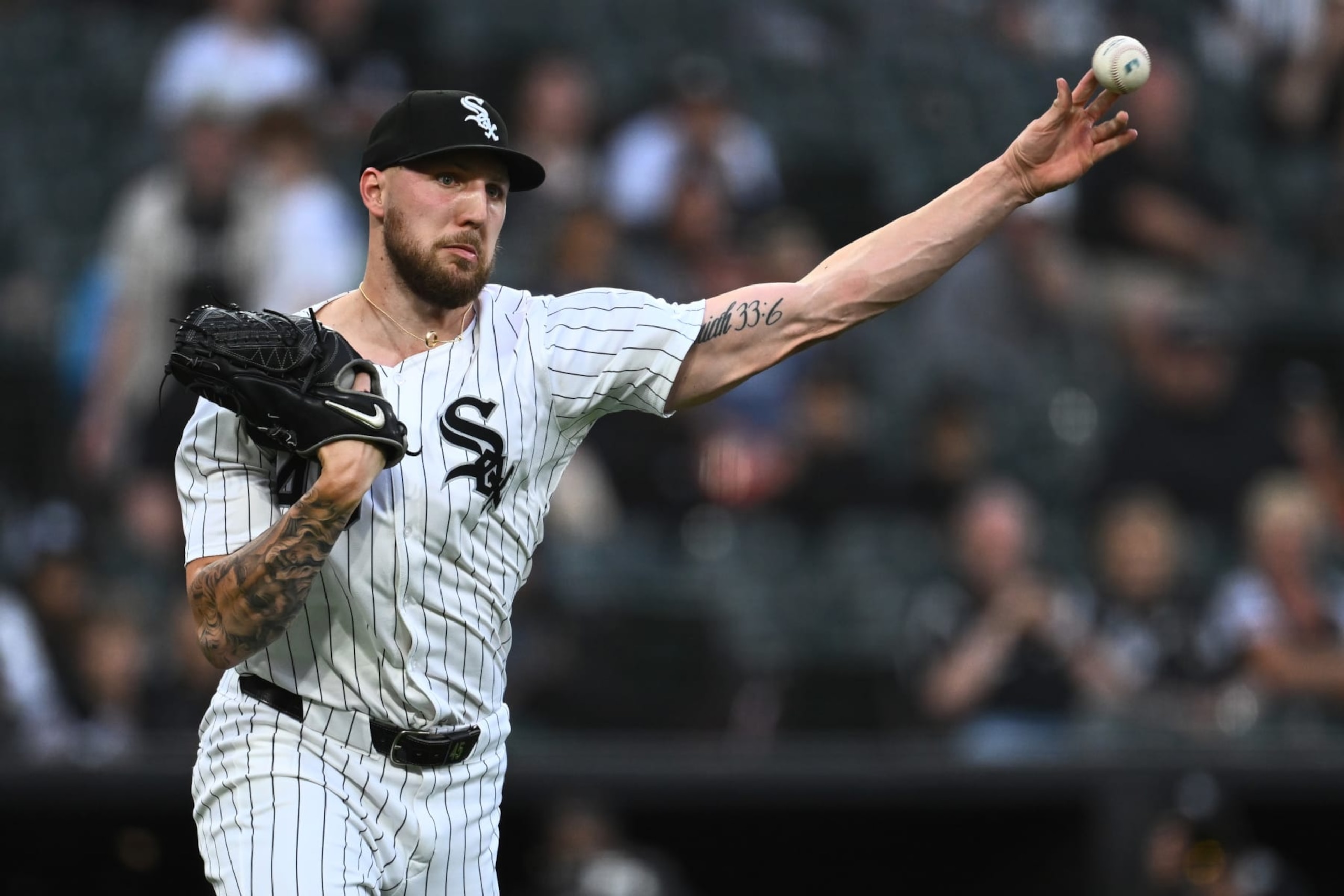 CHICAGO, ILLINOIS - JUNE 07: Starting pitcher Garrett Crochet #45 of the Chicago White Sox commits a throwing error to first base in the third inning against the Boston Red Sox at Guaranteed Rate Field on June 07, 2024 in Chicago, Illinois. (Photo by Quinn Harris/Getty Images) CHICAGO, ILLINOIS - JUNE 07: Starting pitcher Garrett Crochet #45 of the Chicago White Sox commits a throwing error to first base in the third inning against the Boston Red Sox at Guaranteed Rate Field on June 07, 2024 in Chicago, Illinois. (Photo by Quinn Harris/Getty Images)