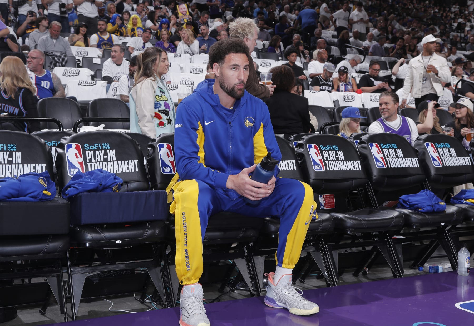 SACRAMENTO, CA - APRIL 16: Klay Thompson #11 of the Golden State Warriors looks on from the bench prior to the game against the Sacramento Kings during the 2024 Play-In Tournament on April 16, 2024 at Golden 1 Center in Sacramento, California. NOTE TO USER: User expressly acknowledges and agrees that, by downloading and or using this photograph, User is consenting to the terms and conditions of the Getty Images Agreement. Mandatory Copyright Notice: Copyright 2024 NBAE (Photo by Rocky Widner/NBAE via Getty Images)
