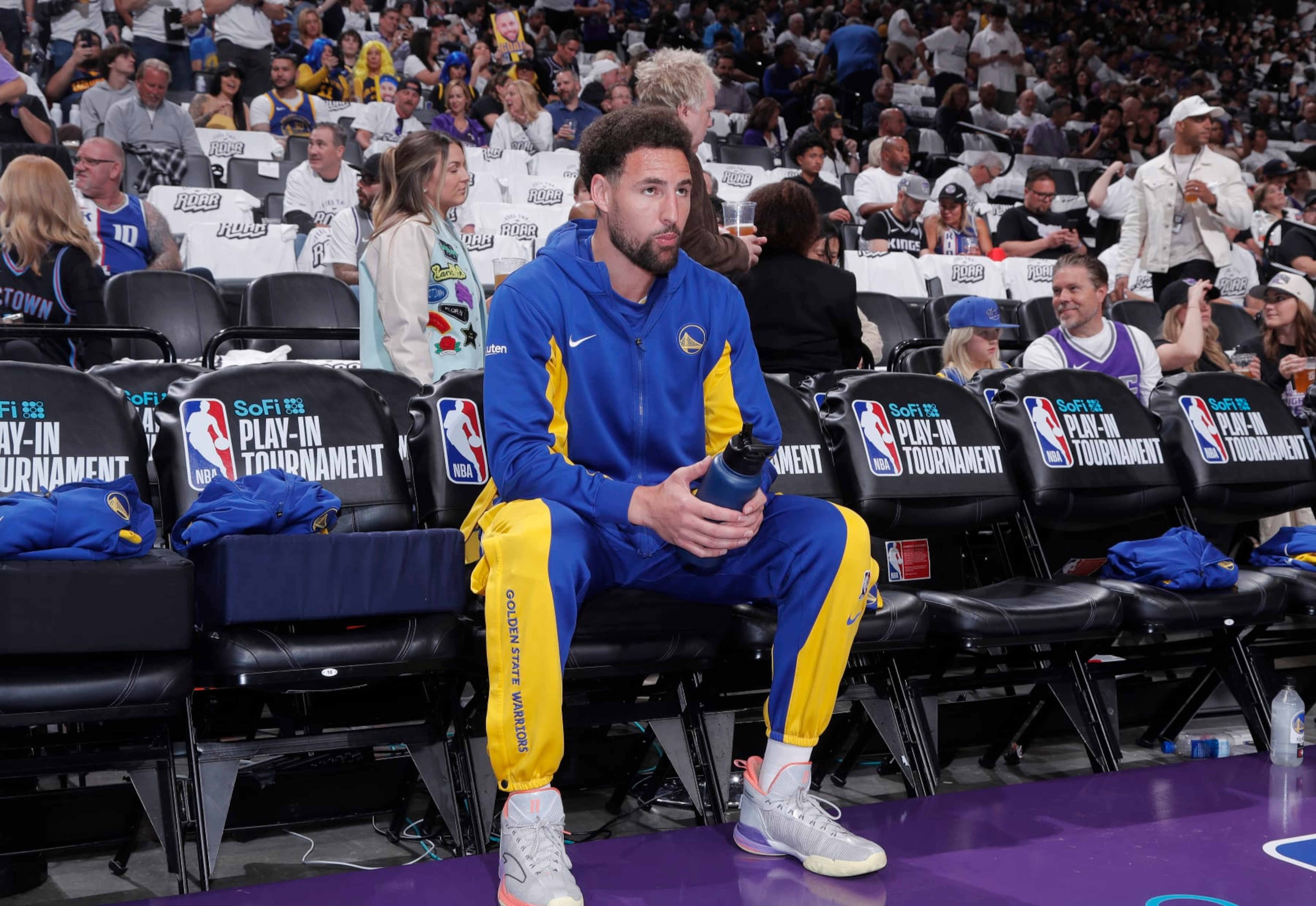 SACRAMENTO, CA - APRIL 16: Klay Thompson #11 of the Golden State Warriors looks on from the bench prior to the game against the Sacramento Kings during the 2024 Play-In Tournament on April 16, 2024 at Golden 1 Center in Sacramento, California. NOTE TO USER: User expressly acknowledges and agrees that, by downloading and or using this photograph, User is consenting to the terms and conditions of the Getty Images Agreement. Mandatory Copyright Notice: Copyright 2024 NBAE (Photo by Rocky Widner/NBAE via Getty Images) SACRAMENTO, CA - APRIL 16: Klay Thompson #11 of the Golden State Warriors looks on from the bench prior to the game against the Sacramento Kings during the 2024 Play-In Tournament on April 16, 2024 at Golden 1 Center in Sacramento, California. NOTE TO USER: User expressly acknowledges and agrees that, by downloading and or using this photograph, User is consenting to the terms and conditions of the Getty Images Agreement. Mandatory Copyright Notice: Copyright 2024 NBAE (Photo by Rocky Widner/NBAE via Getty Images)