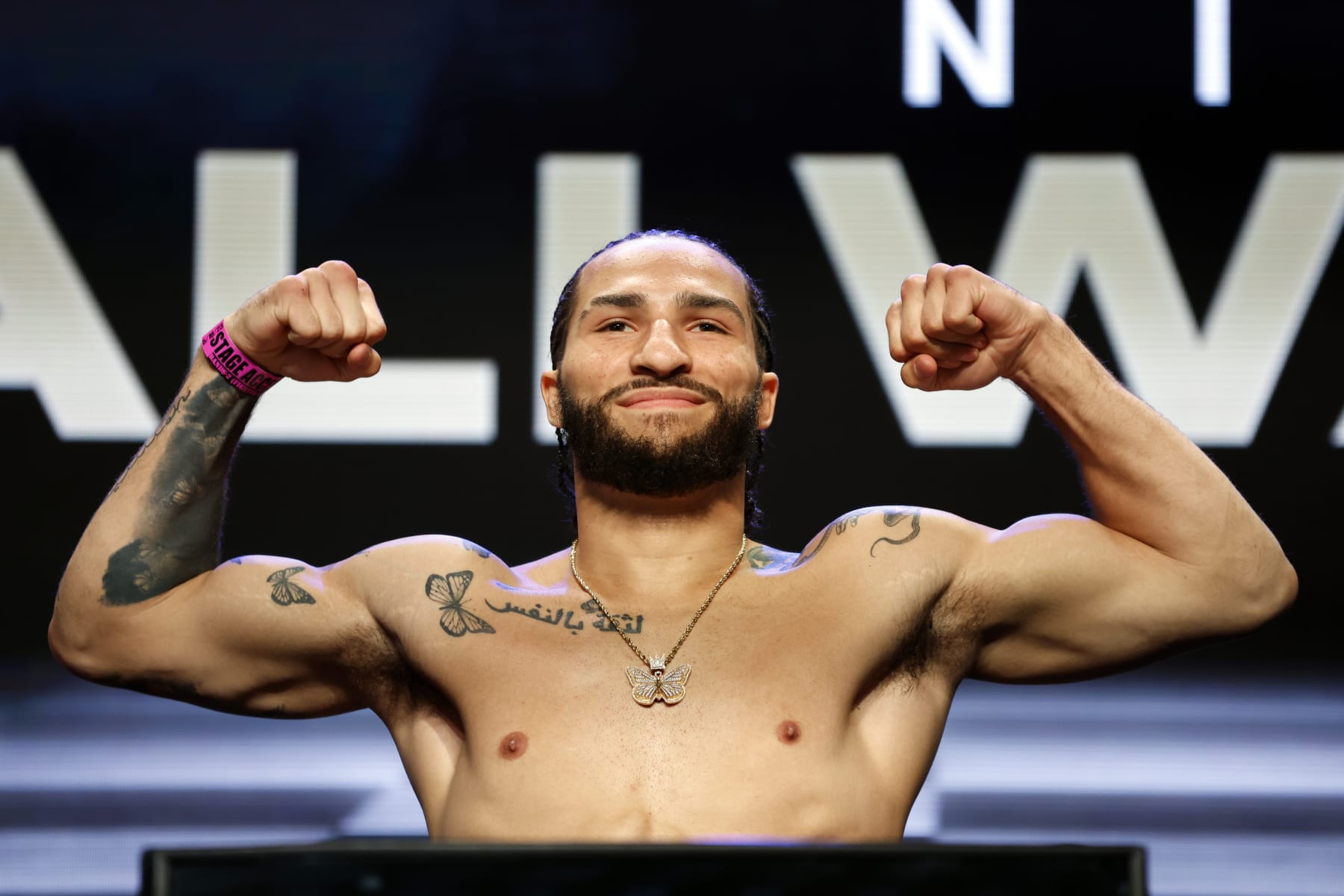 LAS VEGAS, NEVADA - MAY 19: Nico Ali Walsh poses during a ceremonial weigh-in prior to their middleweight bout against Danny Rosenberger at MGM Grand Garden Arena on May 19, 2023 in Las Vegas, Nevada. (Photo by Sarah Stier/Getty Images)