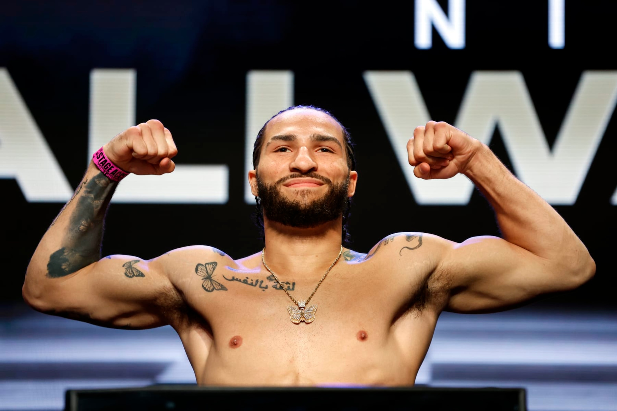 LAS VEGAS, NEVADA - MAY 19: Nico Ali Walsh poses during a ceremonial weigh-in prior to their middleweight bout against Danny Rosenberger at MGM Grand Garden Arena on May 19, 2023 in Las Vegas, Nevada. (Photo by Sarah Stier/Getty Images)