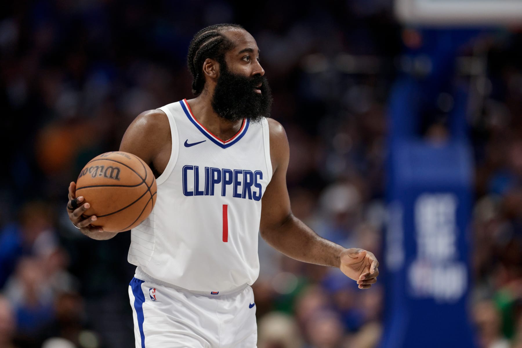 DALLAS, TEXAS - APRIL 28: James Harden #1 of the Los Angeles Clippers brings the ball up court in the second half of game four of the Western Conference First Round Playoffs against the Dallas Mavericks at American Airlines Center on April 28, 2024 in Dallas, Texas.  NOTE TO USER: User expressly acknowledges and agrees that, by downloading and or using this photograph, User is consenting to the terms and conditions of the Getty Images License Agreement. (Photo by Tim Warner/Getty Images)