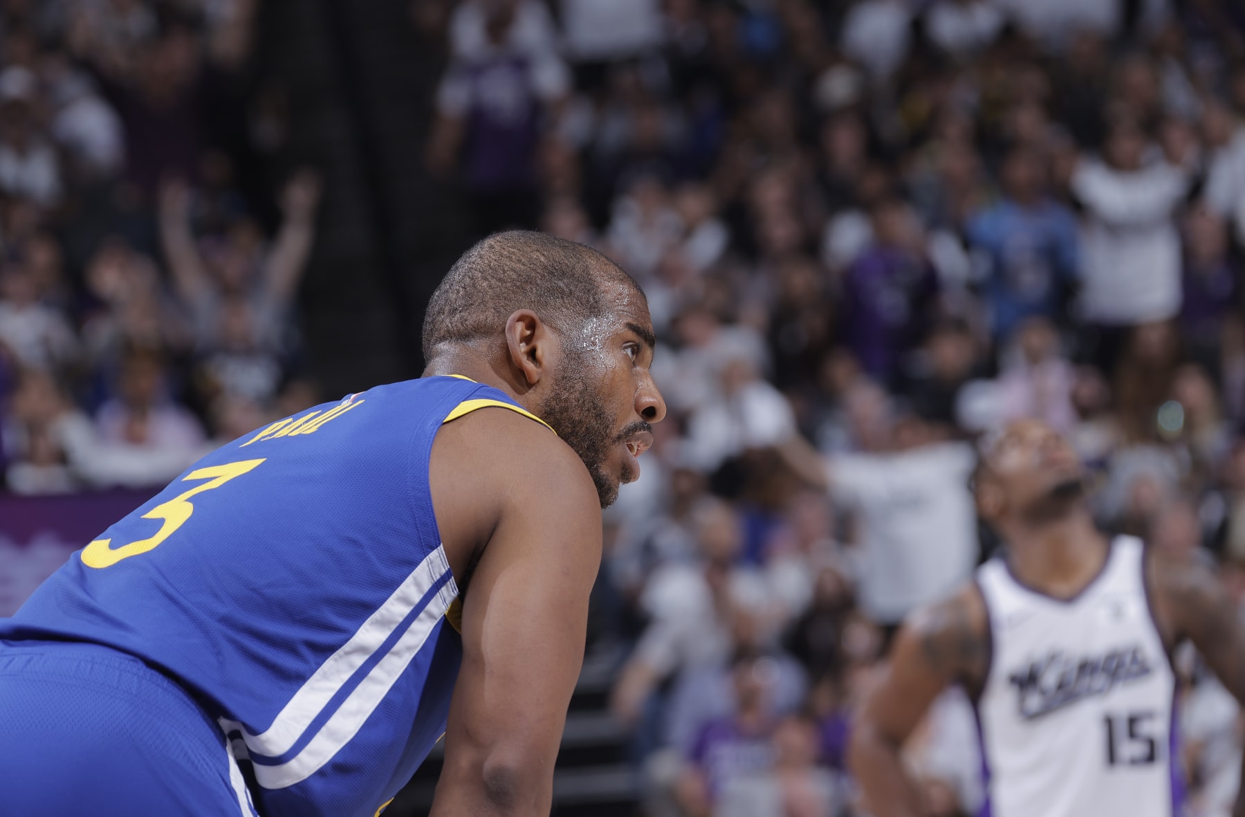 SACRAMENTO, CA - APRIL 16: Chris Paul #3 of the Golden State Warriors looks on during the game against the Sacramento Kings during the 2024 Play-In Tournament on April 16, 2024 at Golden 1 Center in Sacramento, California. NOTE TO USER: User expressly acknowledges and agrees that, by downloading and or using this photograph, User is consenting to the terms and conditions of the Getty Images Agreement. Mandatory Copyright Notice: Copyright 2024 NBAE (Photo by Rocky Widner/NBAE via Getty Images)