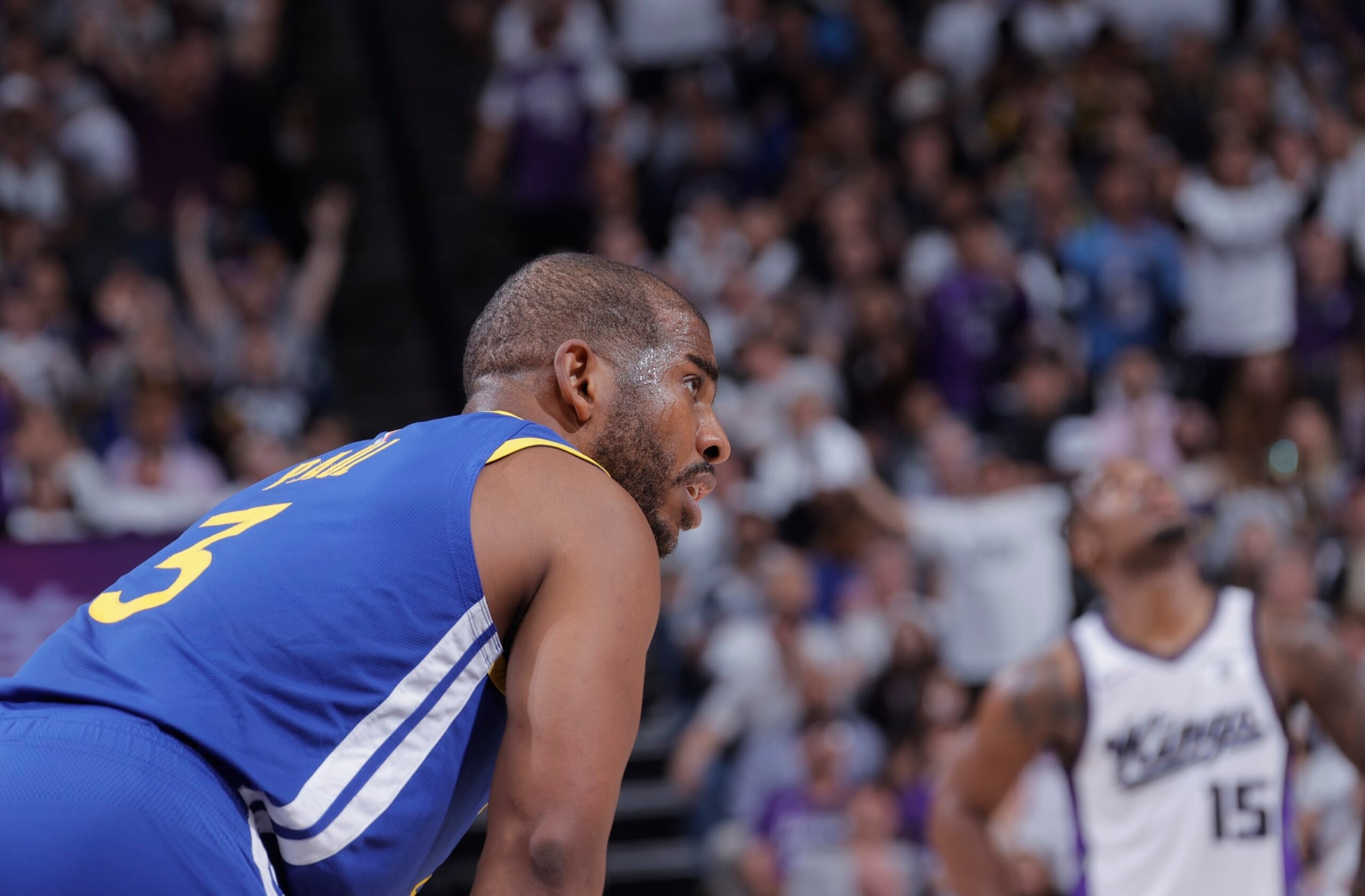 SACRAMENTO, CA - APRIL 16: Chris Paul #3 of the Golden State Warriors looks on during the game against the Sacramento Kings during the 2024 Play-In Tournament on April 16, 2024 at Golden 1 Center in Sacramento, California. NOTE TO USER: User expressly acknowledges and agrees that, by downloading and or using this photograph, User is consenting to the terms and conditions of the Getty Images Agreement. Mandatory Copyright Notice: Copyright 2024 NBAE (Photo by Rocky Widner/NBAE via Getty Images)