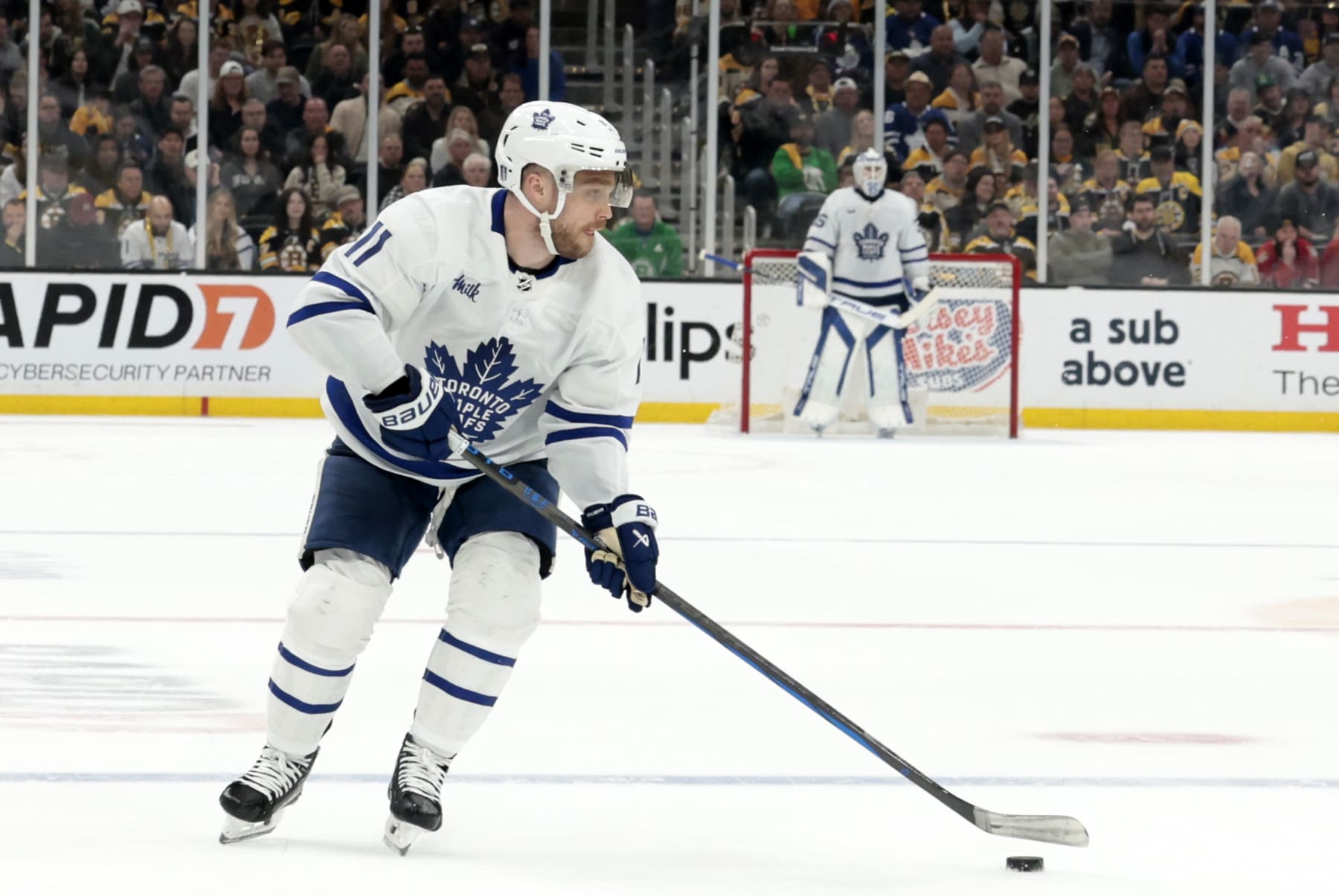 BOSTON, MA - MAY 04: Toronto Maple Leafs center Max Domi (11) looks wide during Game 7 of the Eastern Conference First Round playoffs between the Boston Bruins and the Toronto Maple Leafs on May 4, 2024, at TD Garden in Boston, Massachusetts. (Photo by Fred Kfoury III/Icon Sportswire via Getty Images)