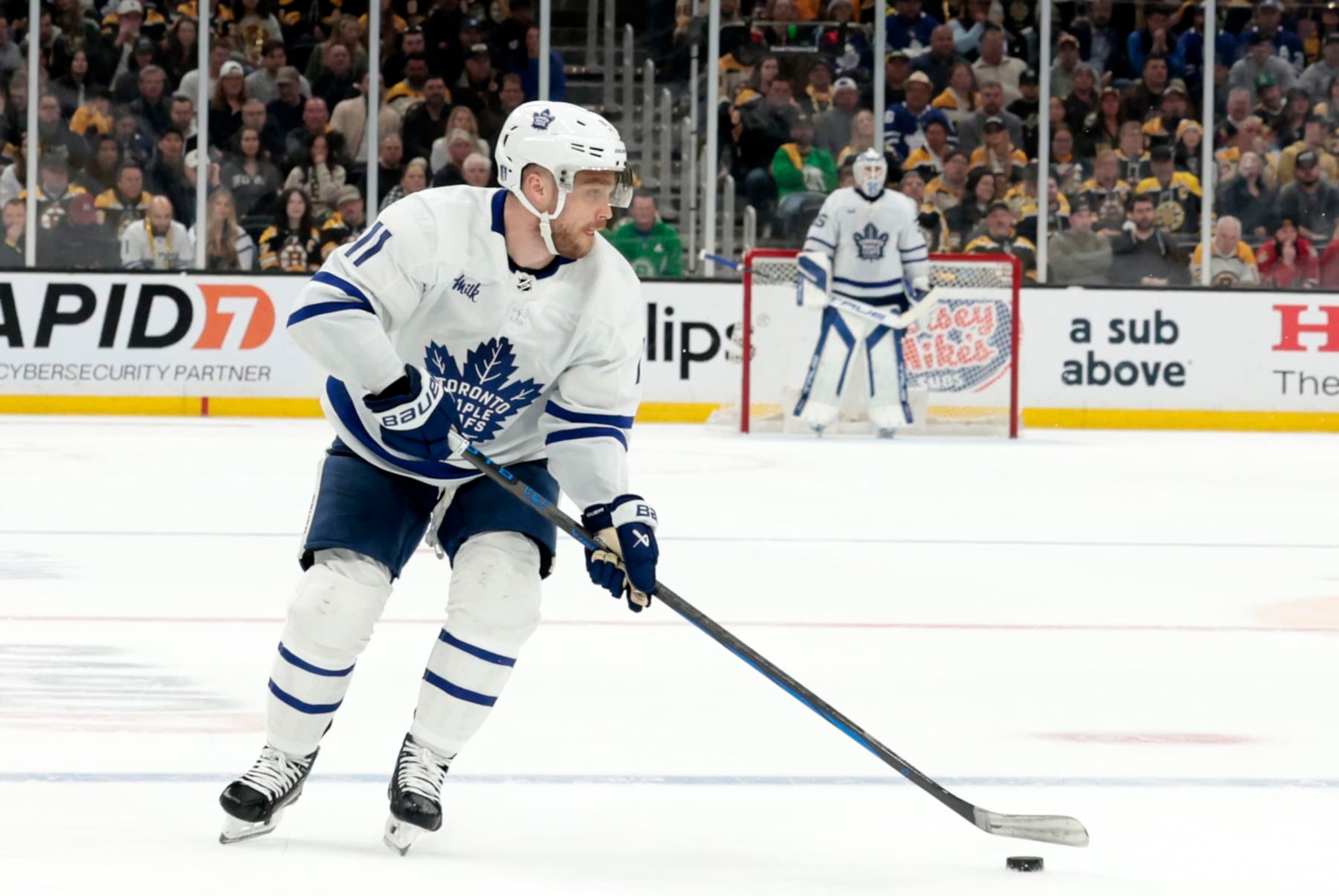 BOSTON, MA - MAY 04: Toronto Maple Leafs center Max Domi (11) looks wide during Game 7 of the Eastern Conference First Round playoffs between the Boston Bruins and the Toronto Maple Leafs on May 4, 2024, at TD Garden in Boston, Massachusetts. (Photo by Fred Kfoury III/Icon Sportswire via Getty Images)
