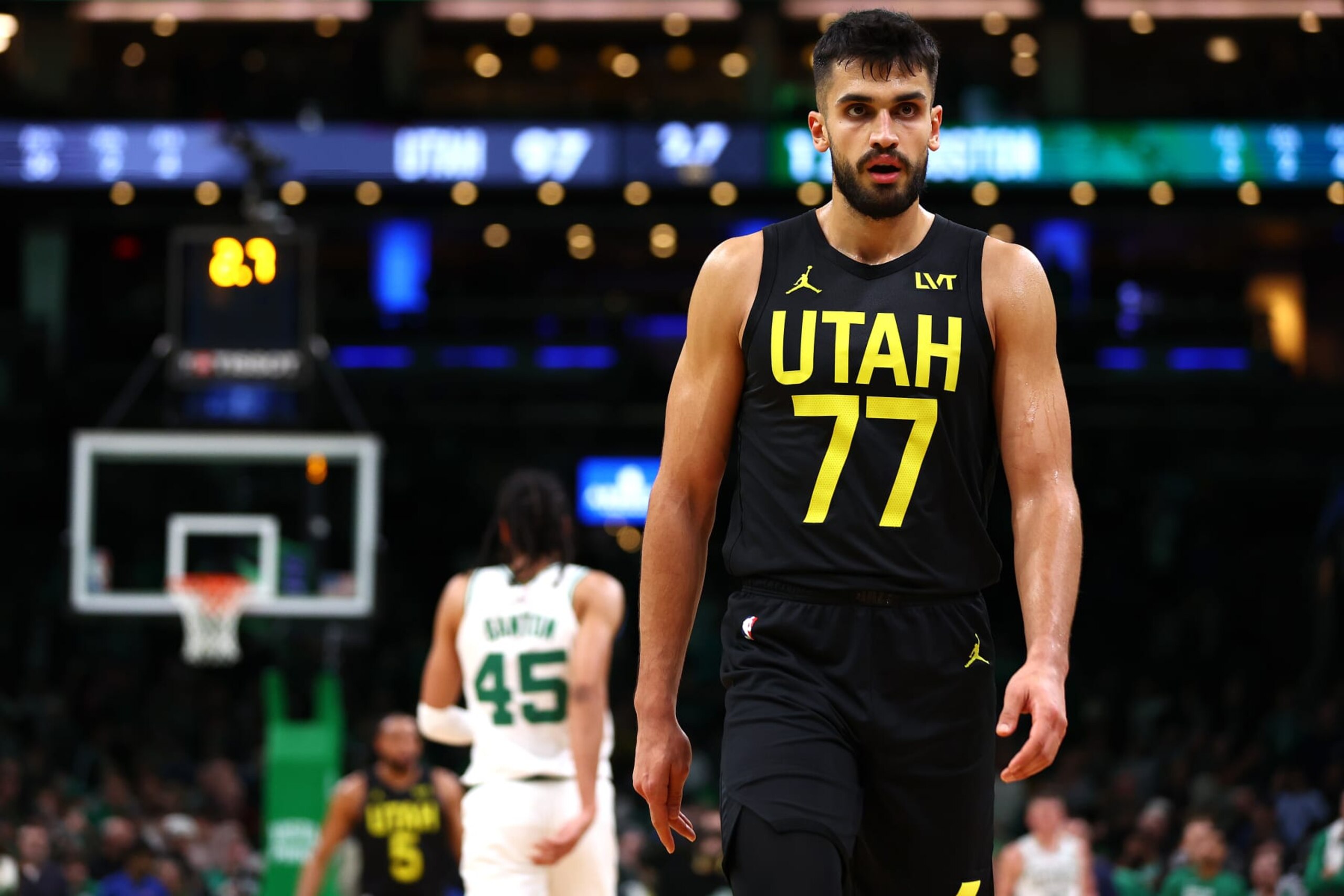 BOSTON, MASSACHUSETTS - JANUARY 05: Omer Yurtseven #77 of the Utah Jazz looks on during the fourth quarter against the Boston Celtics at TD Garden on January 05, 2024 in Boston, Massachusetts. The Celtics defeat the Jazz 126-97. NOTE TO USER: User expressly acknowledges and agrees that, by downloading and or using this photograph, user is consenting to the terms and conditions of the Getty Images License Agreement. (Photo by Maddie Meyer/Getty Images) BOSTON, MASSACHUSETTS - JANUARY 05: Omer Yurtseven #77 of the Utah Jazz looks on during the fourth quarter against the Boston Celtics at TD Garden on January 05, 2024 in Boston, Massachusetts. The Celtics defeat the Jazz 126-97. NOTE TO USER: User expressly acknowledges and agrees that, by downloading and or using this photograph, user is consenting to the terms and conditions of the Getty Images License Agreement. (Photo by Maddie Meyer/Getty Images)