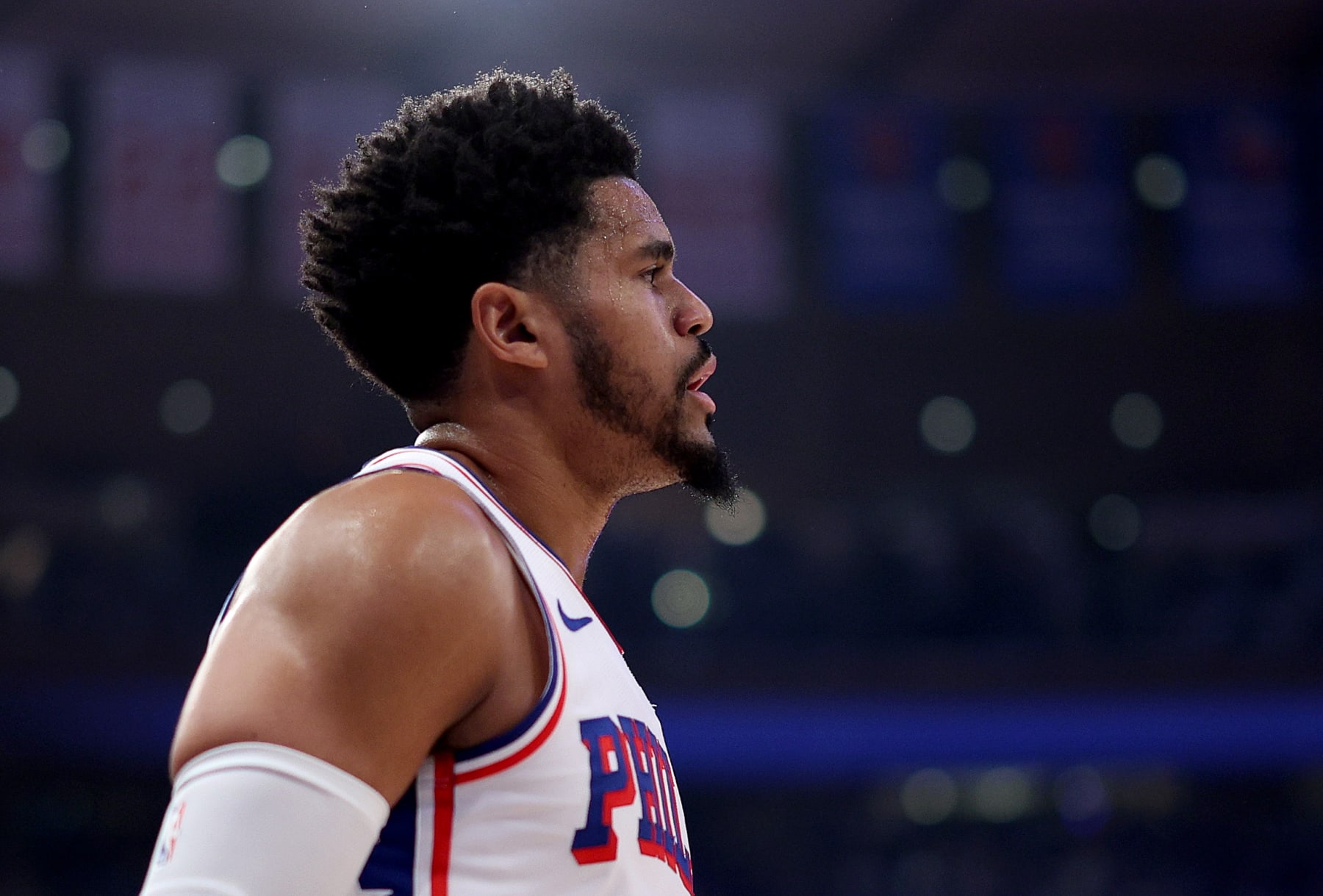 NEW YORK, NEW YORK - APRIL 30: Tobias Harris #12 of the Philadelphia 76ers looks on during the first half at Madison Square Garden on April 30, 2024 in New York City. NOTE TO USER: User expressly acknowledges and agrees that, by downloading and or using this photograph, User is consenting to the terms and conditions of the Getty Images License Agreement. (Photo by Elsa/Getty Images)