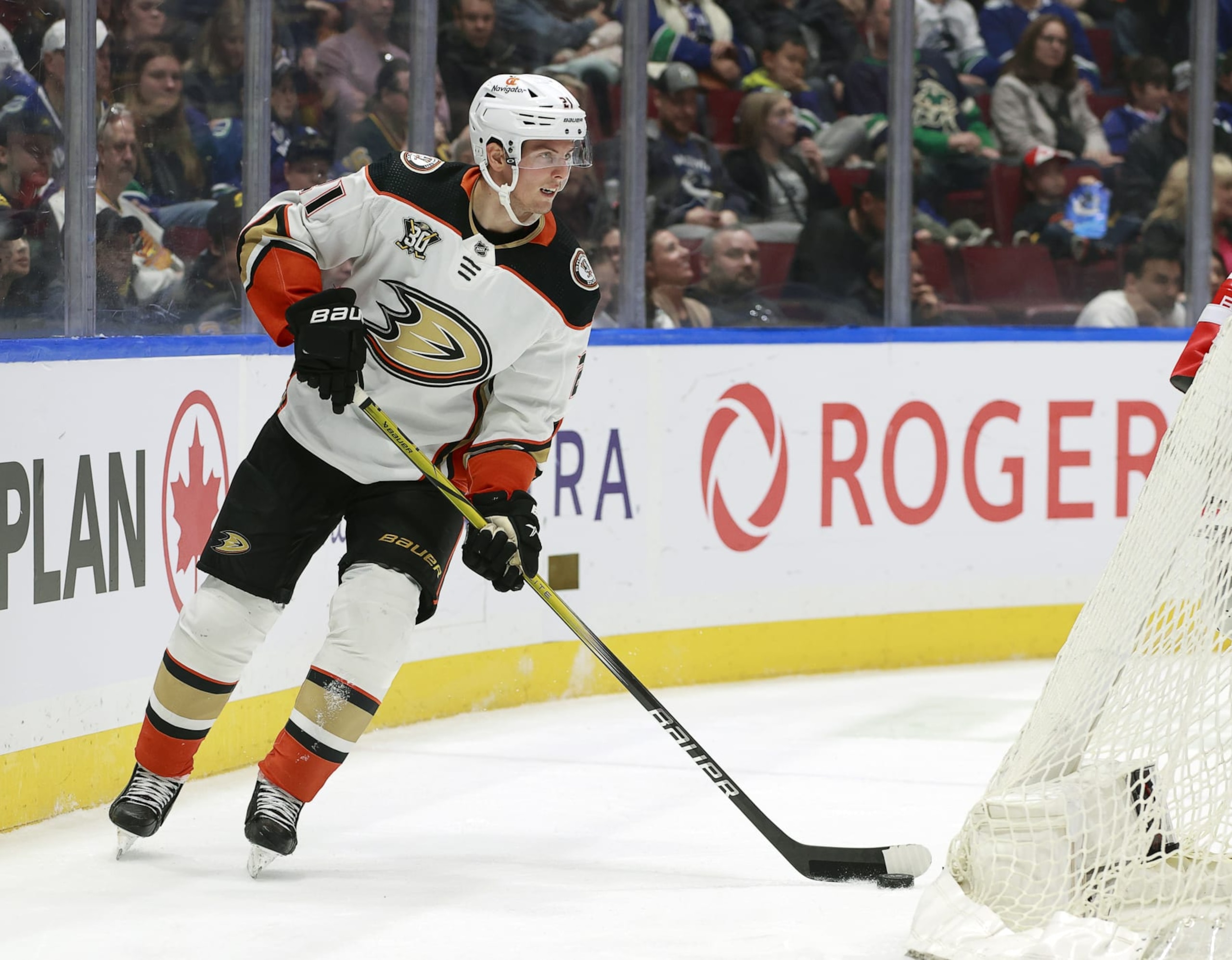 VANCOUVER, CANADA - MARCH 31: Isac Lundestrom #21 of the Anaheim Ducks skates up ice during their NHL game against the Vancouver Canucks at Rogers Arena on March 31, 2024 in Vancouver, British Columbia, Canada.  (Photo by Jeff Vinnick/NHLI via Getty Images)