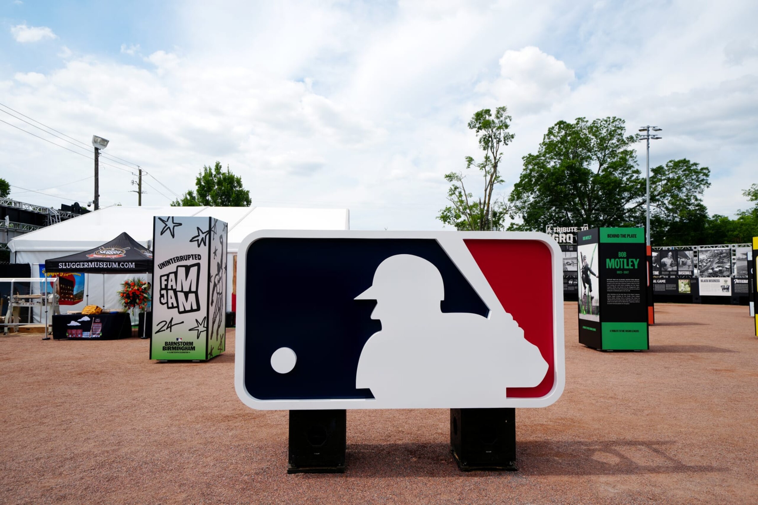 BIRMINGHAM, AL - JUNE 19:  A general view of the MLB logo in the Fan Plaza prior to the 2024 Barnstorm Birmingham Celebrity Softball Game between the Say Heys and the Hammers at Rickwood Field on Wednesday, June 19, 2024 in Birmingham, Alabama. (Photo by Daniel Shirey/MLB Photos via Getty Images)