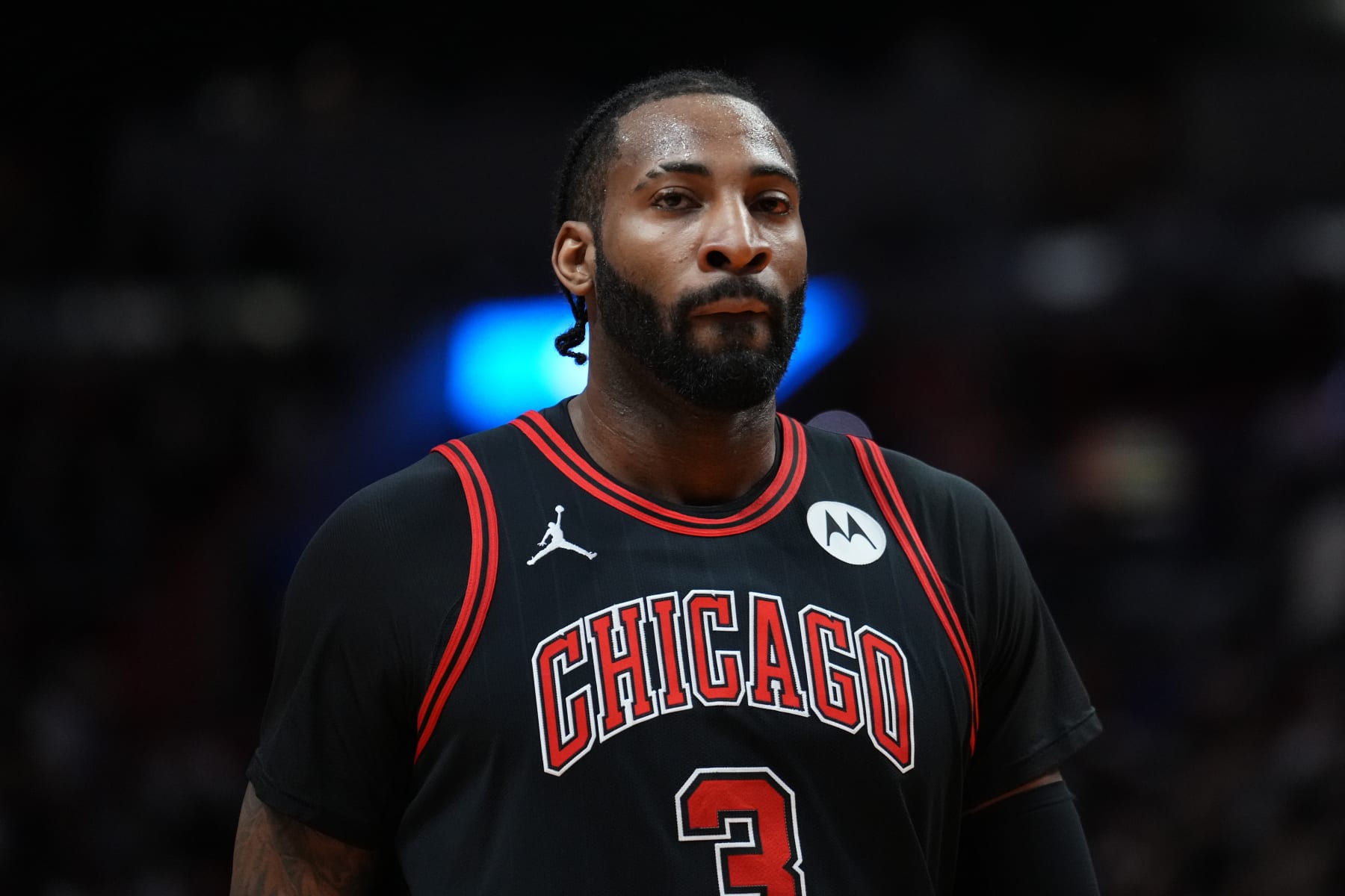 MIAMI, FLORIDA - APRIL 19: Andre Drummond #3 of the Chicago Bulls looks on against the Miami Heat in the third quarter during the Play-In Tournament at Kaseya Center on April 19, 2024 in Miami, Florida. NOTE TO USER: User expressly acknowledges and agrees that, by downloading and or using this photograph, User is consenting to the terms and conditions of the Getty Images License Agreement. (Photo by Rich Storry/Getty Images)