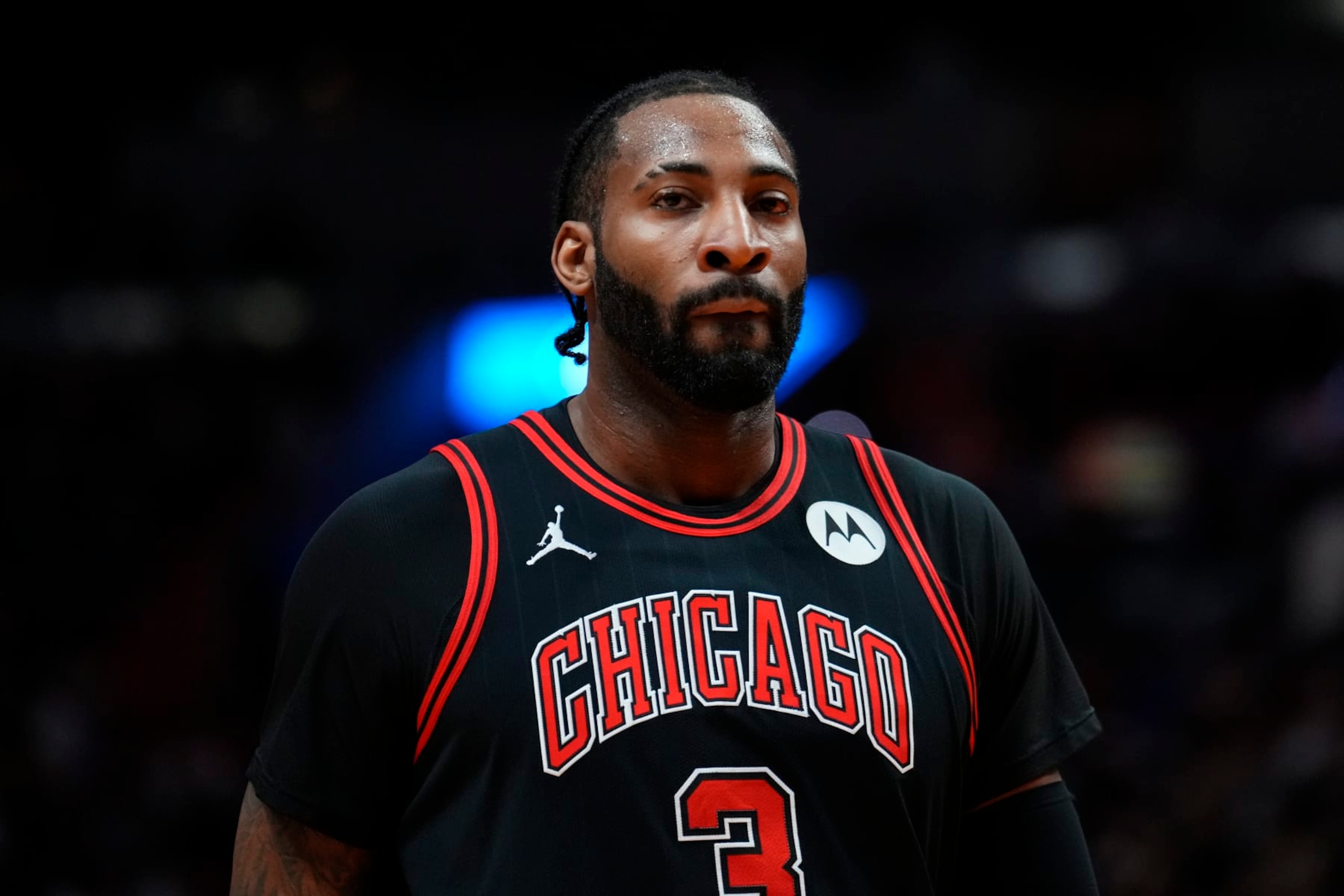 MIAMI, FLORIDA - APRIL 19: Andre Drummond #3 of the Chicago Bulls looks on against the Miami Heat in the third quarter during the Play-In Tournament at Kaseya Center on April 19, 2024 in Miami, Florida. NOTE TO USER: User expressly acknowledges and agrees that, by downloading and or using this photograph, User is consenting to the terms and conditions of the Getty Images License Agreement. (Photo by Rich Storry/Getty Images) MIAMI, FLORIDA - APRIL 19: Andre Drummond #3 of the Chicago Bulls looks on against the Miami Heat in the third quarter during the Play-In Tournament at Kaseya Center on April 19, 2024 in Miami, Florida. NOTE TO USER: User expressly acknowledges and agrees that, by downloading and or using this photograph, User is consenting to the terms and conditions of the Getty Images License Agreement. (Photo by Rich Storry/Getty Images)