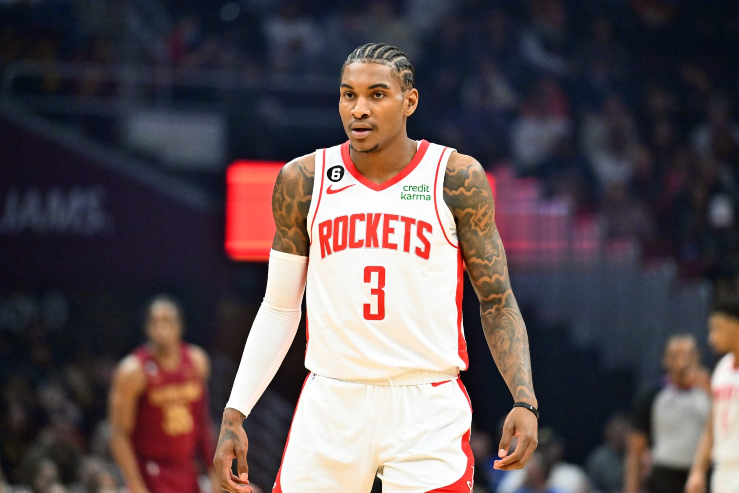 CLEVELAND, OHIO - MARCH 26: Kevin Porter Jr. #3 of the Houston Rockets pauses during the first half against the Cleveland Cavaliers at Rocket Mortgage Fieldhouse on March 26, 2023 in Cleveland, Ohio. NOTE TO USER: User expressly acknowledges and agrees that, by downloading and or using this photograph, User is consenting to the terms and conditions of the Getty Images License Agreement. (Photo by Jason Miller/Getty Images) CLEVELAND, OHIO - MARCH 26: Kevin Porter Jr. #3 of the Houston Rockets pauses during the first half against the Cleveland Cavaliers at Rocket Mortgage Fieldhouse on March 26, 2023 in Cleveland, Ohio. NOTE TO USER: User expressly acknowledges and agrees that, by downloading and or using this photograph, User is consenting to the terms and conditions of the Getty Images License Agreement. (Photo by Jason Miller/Getty Images)