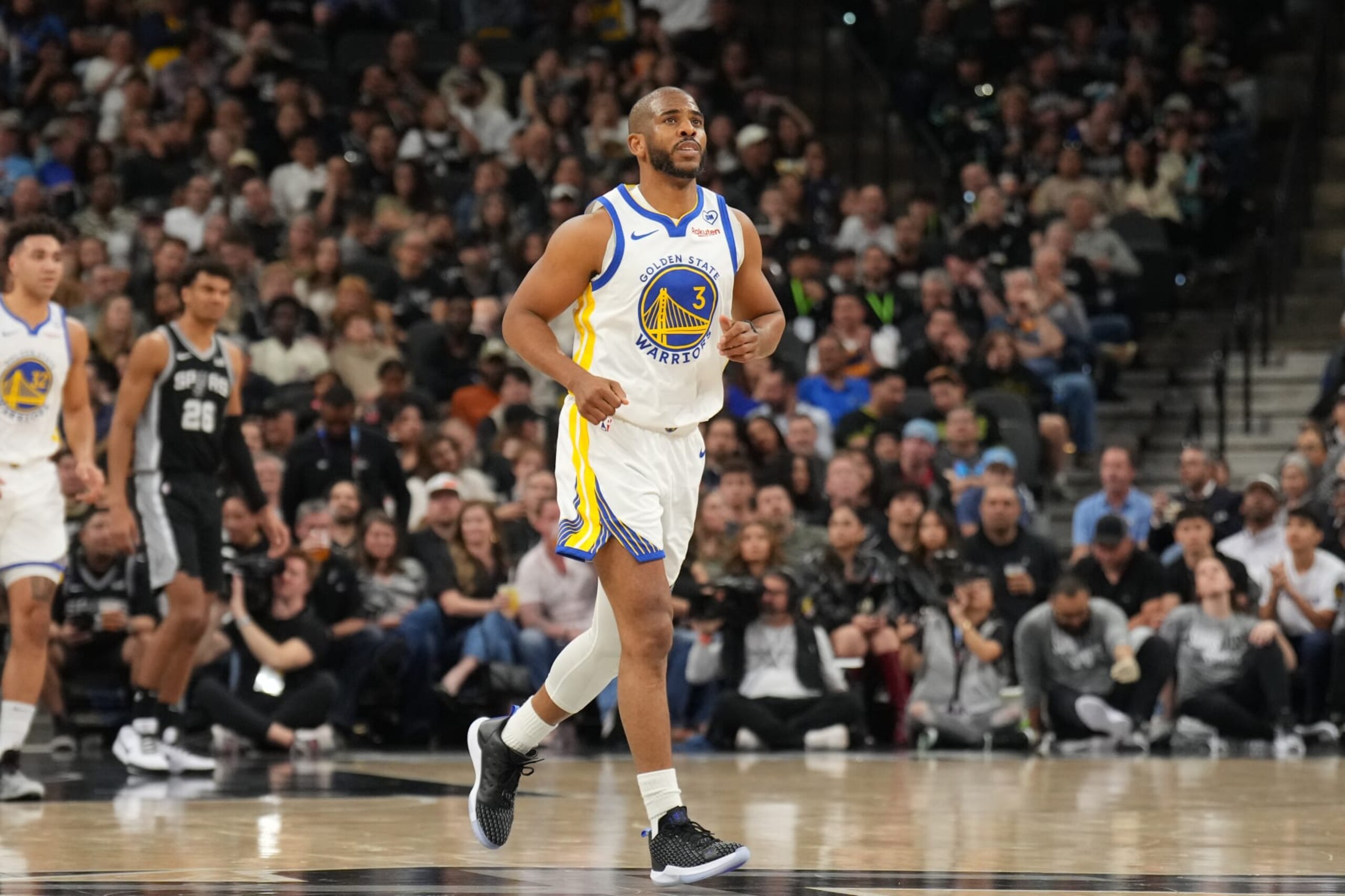 SAN ANTONIO, TX - MARCH 11: Chris Paul #3 of the Golden State Warriors looks on during the game against the San Antonio Spurs on March 11, 2024 at the AT&T Center in San Antonio, Texas. NOTE TO USER: User expressly acknowledges and agrees that, by downloading and or using this photograph, user is consenting to the terms and conditions of the Getty Images License Agreement. Mandatory Copyright Notice: Copyright 2024 NBAE (Photos by Jesse D. Garrabrant/NBAE via Getty Images)