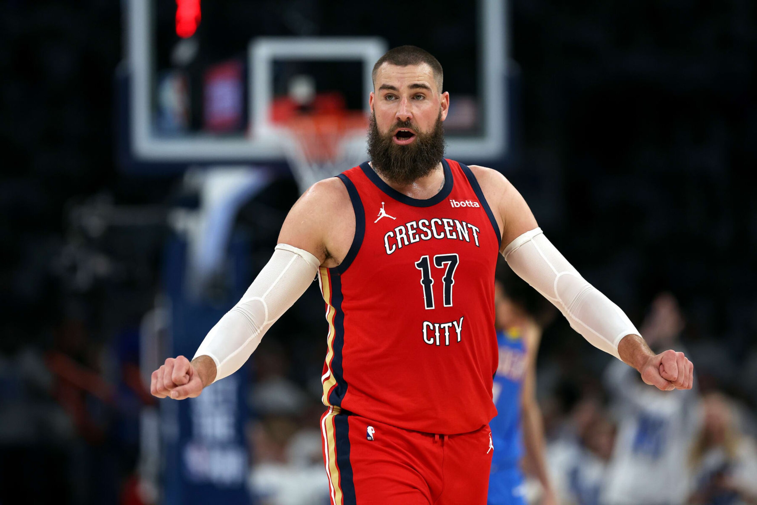 OKLAHOMA CITY, OKLAHOMA - APRIL 24: Jonas Valanciunas #17 of the New Orleans Pelicans reacts after a foul during game two of the first round of the NBA playoffs against the Oklahoma City Thunder at Paycom Center on April 24, 2024 in Oklahoma City, Oklahoma. (Photo by Jamie Squire/Getty Images) OKLAHOMA CITY, OKLAHOMA - APRIL 24: Jonas Valanciunas #17 of the New Orleans Pelicans reacts after a foul during game two of the first round of the NBA playoffs against the Oklahoma City Thunder at Paycom Center on April 24, 2024 in Oklahoma City, Oklahoma. (Photo by Jamie Squire/Getty Images)