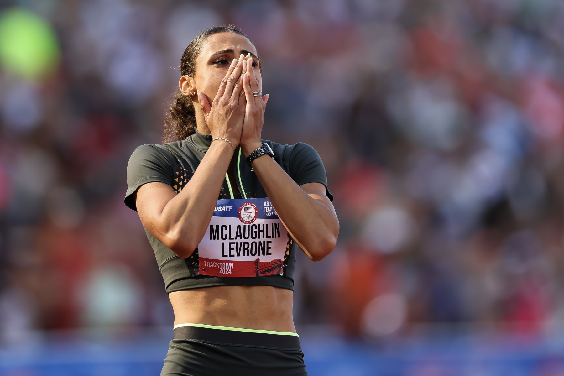 EUGENE, OREGON - JUNE 30: Sydney McLaughlin-Levrone reacts after setting a new world record in the women's 400 meter hurdles final on Day Ten of the 2024 U.S. Olympic Team Track & Field Trials at Hayward Field on June 30, 2024 in Eugene, Oregon. (Photo by Patrick Smith/Getty Images)