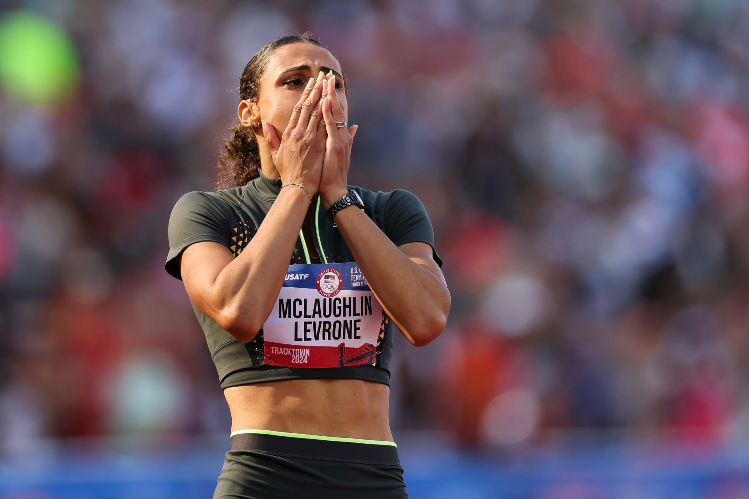 EUGENE, OREGON - JUNE 30: Sydney McLaughlin-Levrone reacts after setting a new world record in the women's 400 meter hurdles final on Day Ten of the 2024 U.S. Olympic Team Track & Field Trials at Hayward Field on June 30, 2024 in Eugene, Oregon. (Photo by Patrick Smith/Getty Images) EUGENE, OREGON - JUNE 30: Sydney McLaughlin-Levrone reacts after setting a new world record in the women's 400 meter hurdles final on Day Ten of the 2024 U.S. Olympic Team Track & Field Trials at Hayward Field on June 30, 2024 in Eugene, Oregon. (Photo by Patrick Smith/Getty Images)