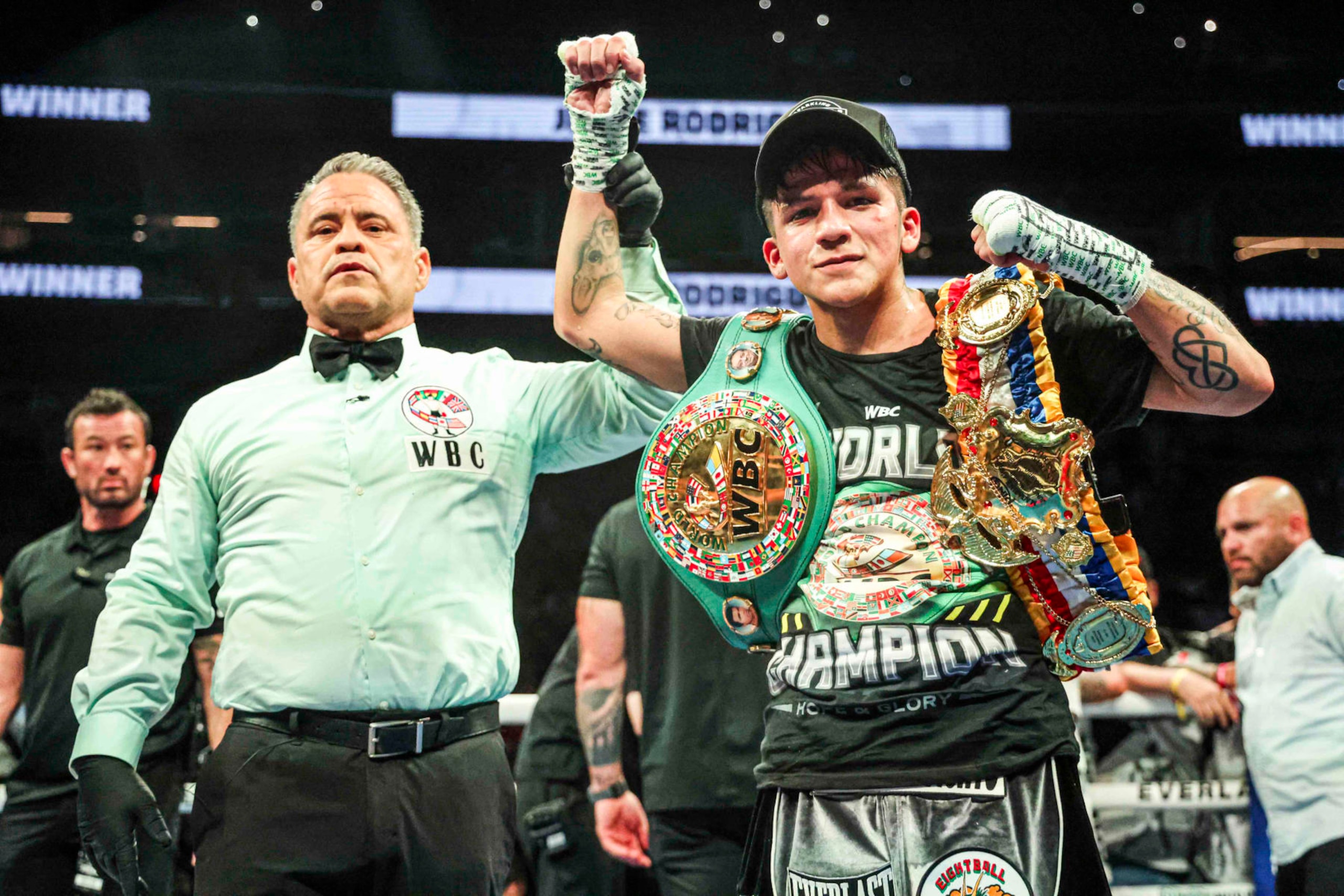 PHOENIX, ARIZONA - JUNE 29: Juan Francisco El 'Gallo' Estrada celebrates after defeating Jesse Bam Rodríguez during their WBC and Ring Magazine super flyweight title fight at Footprint Center on June 29, 2023 in Phoenix, Arizona. Phoenix, Arizona.(Photo by Luis Gutierrez/ Norte Photo/Getty Images)