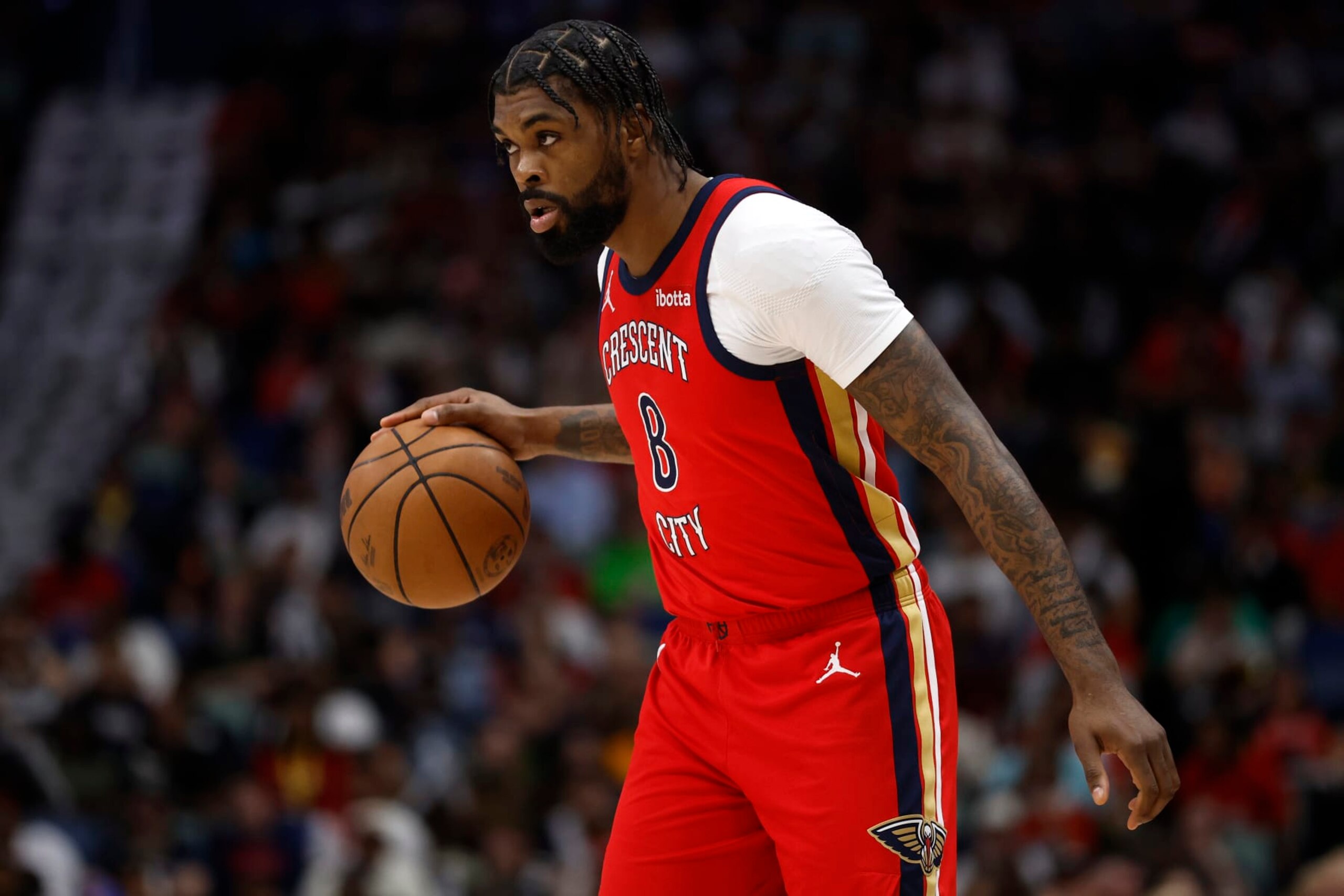 NEW ORLEANS, LOUISIANA - APRIL 19: Naji Marshall #8 of the New Orleans Pelicans drives the ball up the court against the Sacramento Kings at Smoothie King Center on April 19, 2024 in New Orleans, Louisiana. NOTE TO USER: User expressly acknowledges and agrees that, by downloading and or using this photograph, User is consenting to the terms and conditions of the Getty Images License Agreement. (Photo by Chris Graythen/Getty Images) NEW ORLEANS, LOUISIANA - APRIL 19: Naji Marshall #8 of the New Orleans Pelicans drives the ball up the court against the Sacramento Kings at Smoothie King Center on April 19, 2024 in New Orleans, Louisiana. NOTE TO USER: User expressly acknowledges and agrees that, by downloading and or using this photograph, User is consenting to the terms and conditions of the Getty Images License Agreement. (Photo by Chris Graythen/Getty Images)