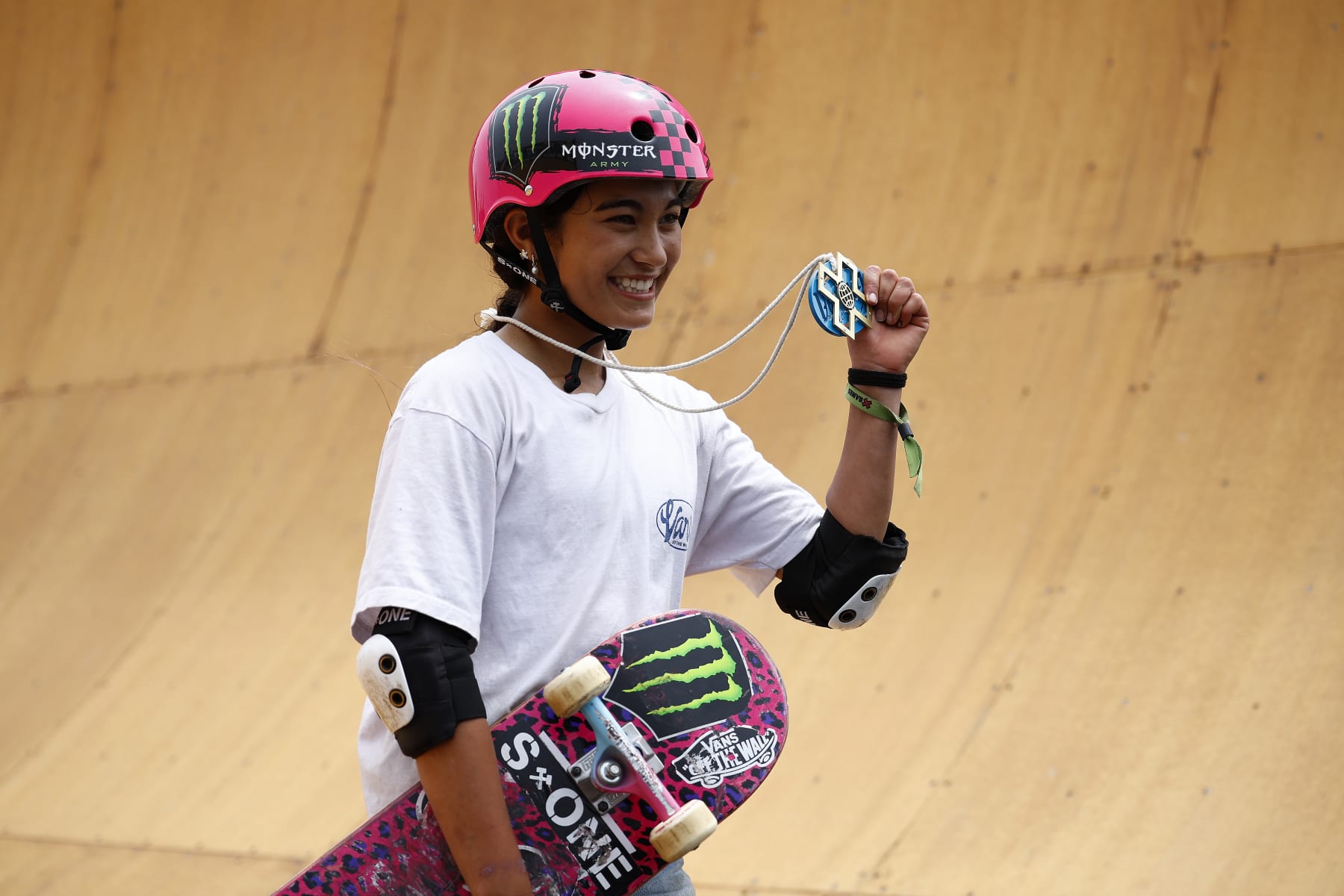 VENTURA, CALIFORNIA - JUNE 30: Arisa Trew holds a gold medal after competing in the Women’s Skateboard Vert Final during X Games Ventura 2024 at Ventura County Fairgrounds and Event Center on June 30, 2024 in Ventura, California. (Photo by Ronald Martinez/Getty Images)