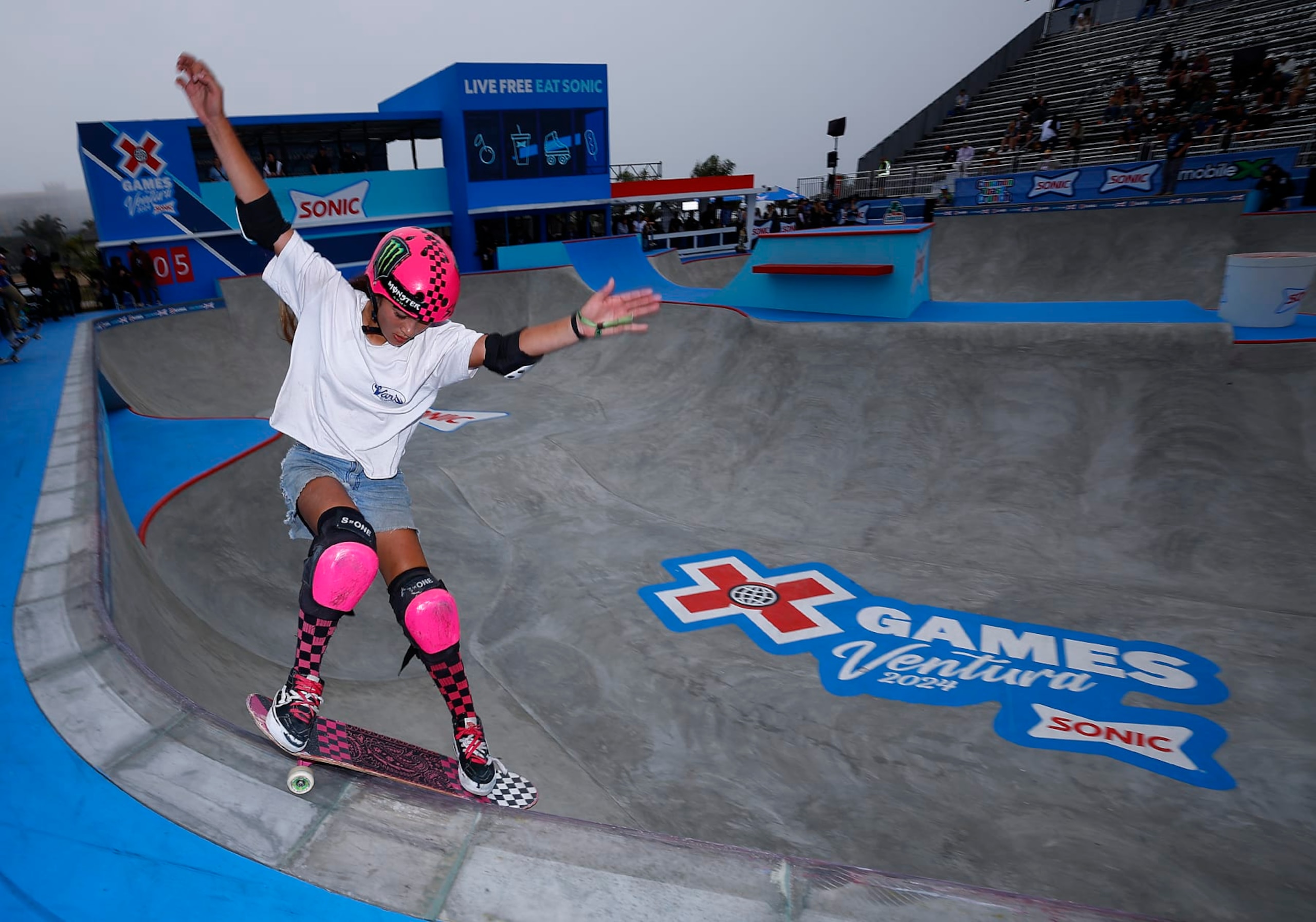VENTURA, CALIFORNIA - JUNE 30: Arisa Trew competes in the Women's Skateboard Park Final during X Games Ventura 2024 at Ventura County Fairgrounds and Event Center on June 30, 2024 in Ventura, California. (Photo by Ronald Martinez/Getty Images)