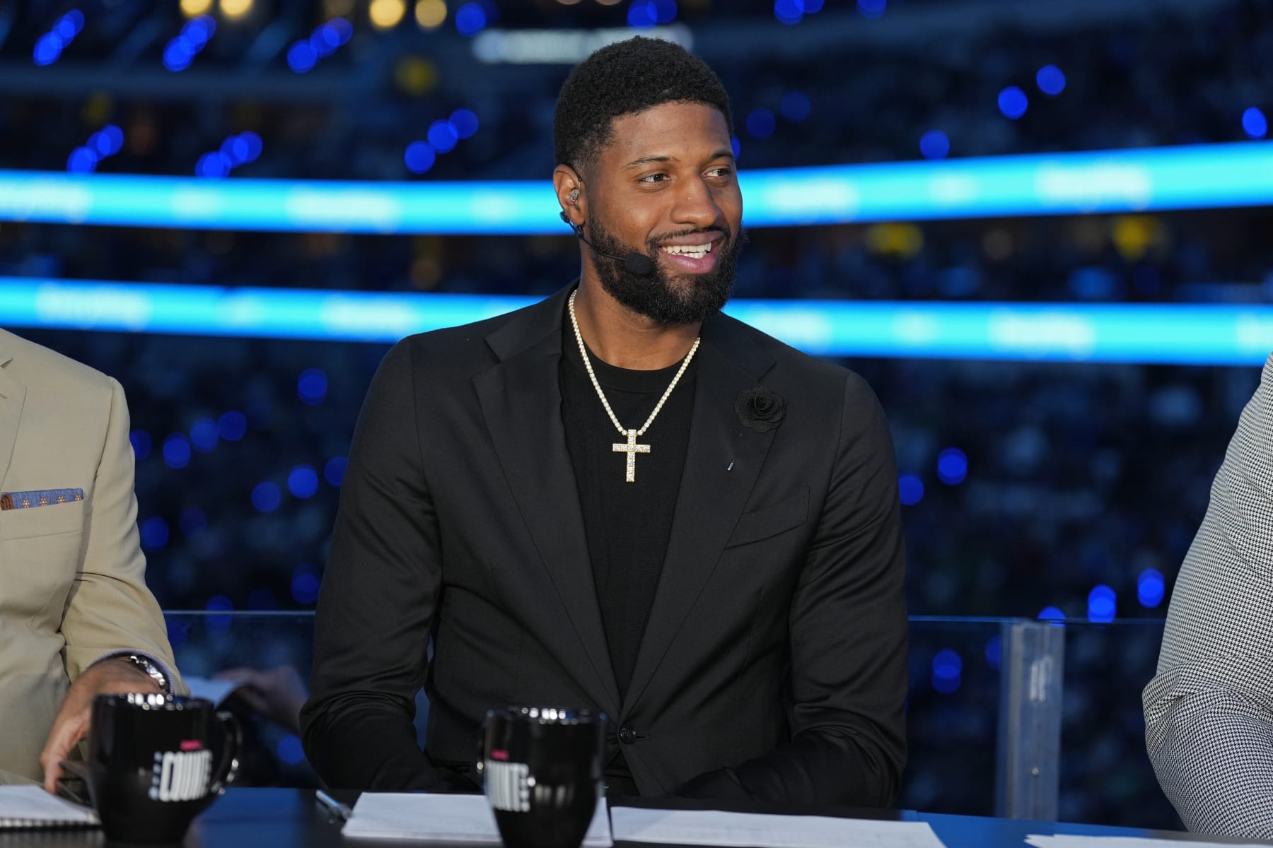 BOSTON, MA - JUNE 14: Paul George smiles during the game between the Boston Celtics and the Dallas Mavericks during Game Four of the 2024 NBA Finals on June 14, 2024 at the American Airlines Center in Dallas, Texas. NOTE TO USER: User expressly acknowledges and agrees that, by downloading and or using this photograph, User is consenting to the terms and conditions of the Getty Images License Agreement. Mandatory Copyright Notice: Copyright 2024 NBAE (Photo by Jim Cowsert/NBAE via Getty Images)