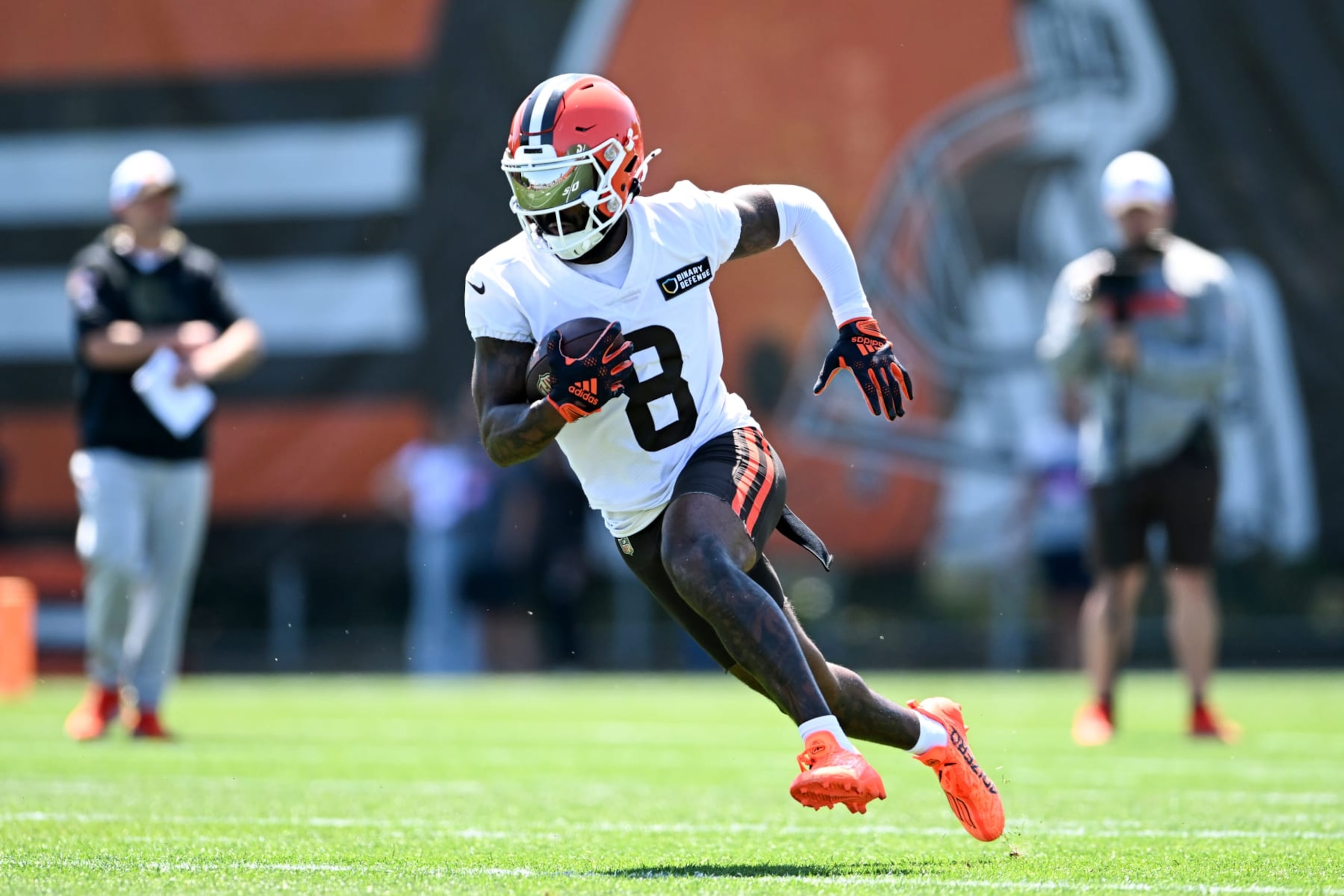 BEREA, OHIO - JUNE 12: Elijah Moore #8 of the Cleveland Browns runs a drill during a mandatory minicamp workout at their CrossCountry Mortgage Campus on June 12, 2024 in Berea, Ohio. (Photo by Nick Cammett/Getty Images)