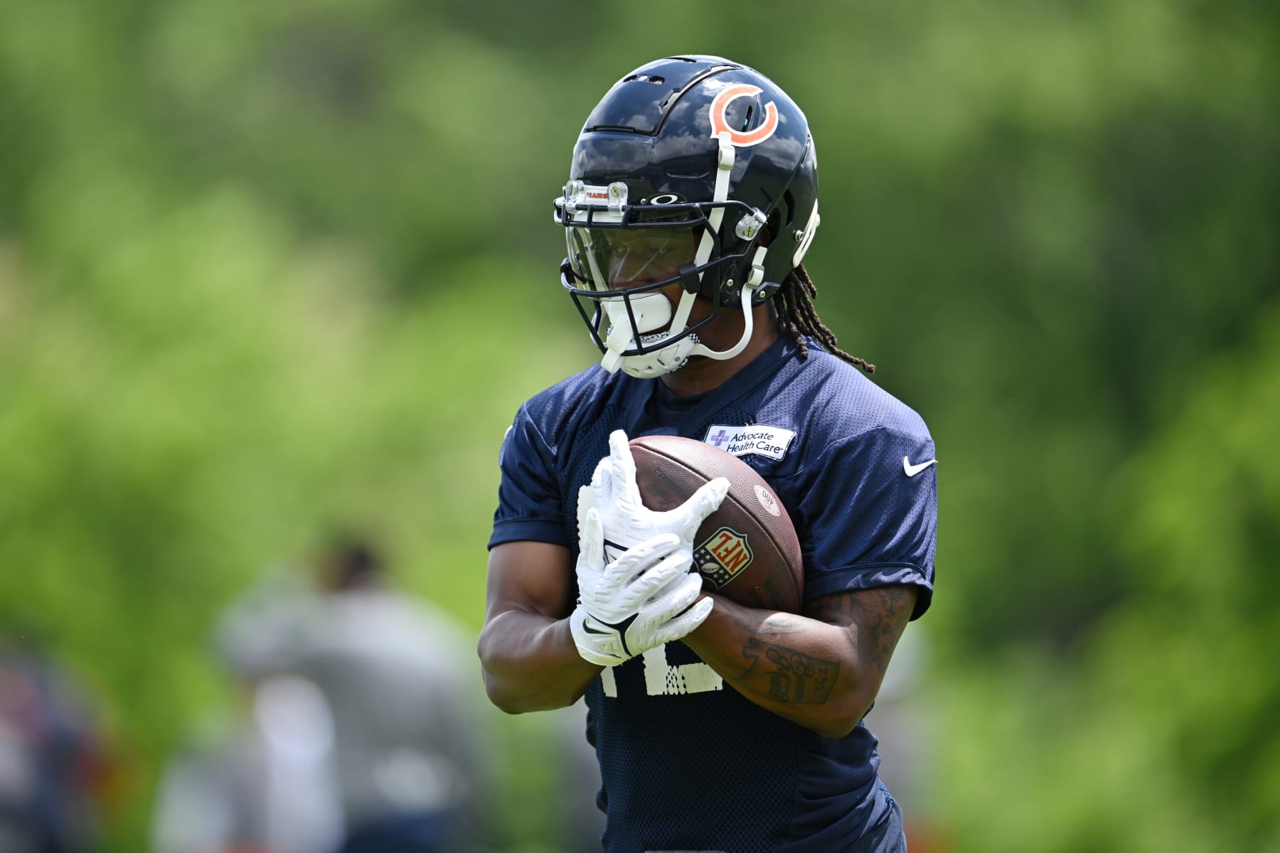LAKE FOREST, ILLINOIS - JUNE 05: Velus Jones Jr. #12 of the Chicago Bears practices during the Chicago Bears mandatory minicamp at Halas Hall on June 05, 2024 in Lake Forest, Illinois. (Photo by Quinn Harris/Getty Images)