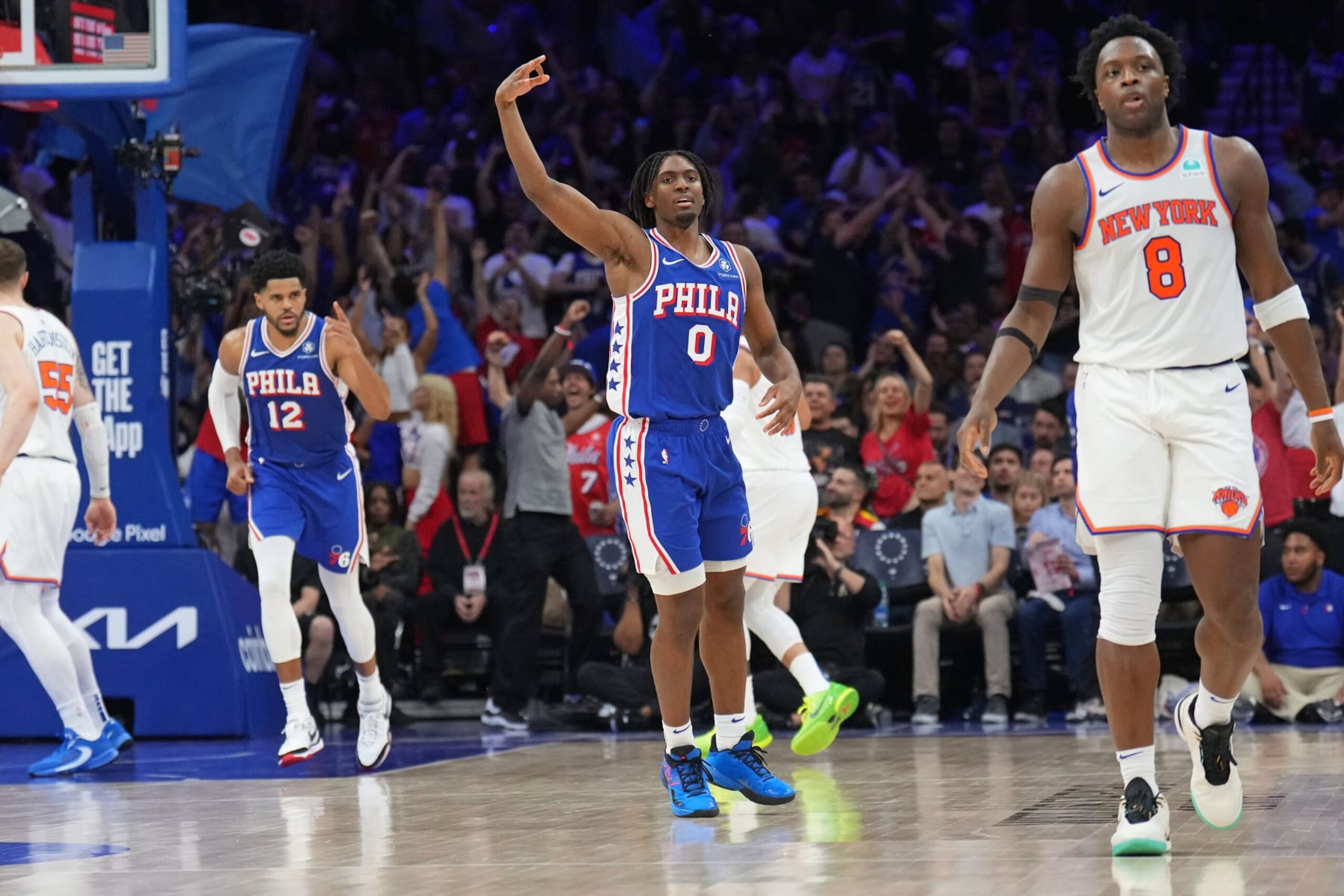 PHILADELPHIA, PA - MAY 2: Tyrese Maxey #0 of the Philadelphia 76ers celebrates during the game against the New York Knicks during Round 1 Game 6 of the 2024 NBA Playoffs on May 2, 2024 at the Wells Fargo Center in Philadelphia, Pennsylvania NOTE TO USER: User expressly acknowledges and agrees that, by downloading and/or using this Photograph, user is consenting to the terms and conditions of the Getty Images License Agreement. Mandatory Copyright Notice: Copyright 2024 NBAE (Photo by Jesse D. Garrabrant/NBAE via Getty Images) PHILADELPHIA, PA - MAY 2: Tyrese Maxey #0 of the Philadelphia 76ers celebrates during the game against the New York Knicks during Round 1 Game 6 of the 2024 NBA Playoffs on May 2, 2024 at the Wells Fargo Center in Philadelphia, Pennsylvania NOTE TO USER: User expressly acknowledges and agrees that, by downloading and/or using this Photograph, user is consenting to the terms and conditions of the Getty Images License Agreement. Mandatory Copyright Notice: Copyright 2024 NBAE (Photo by Jesse D. Garrabrant/NBAE via Getty Images)