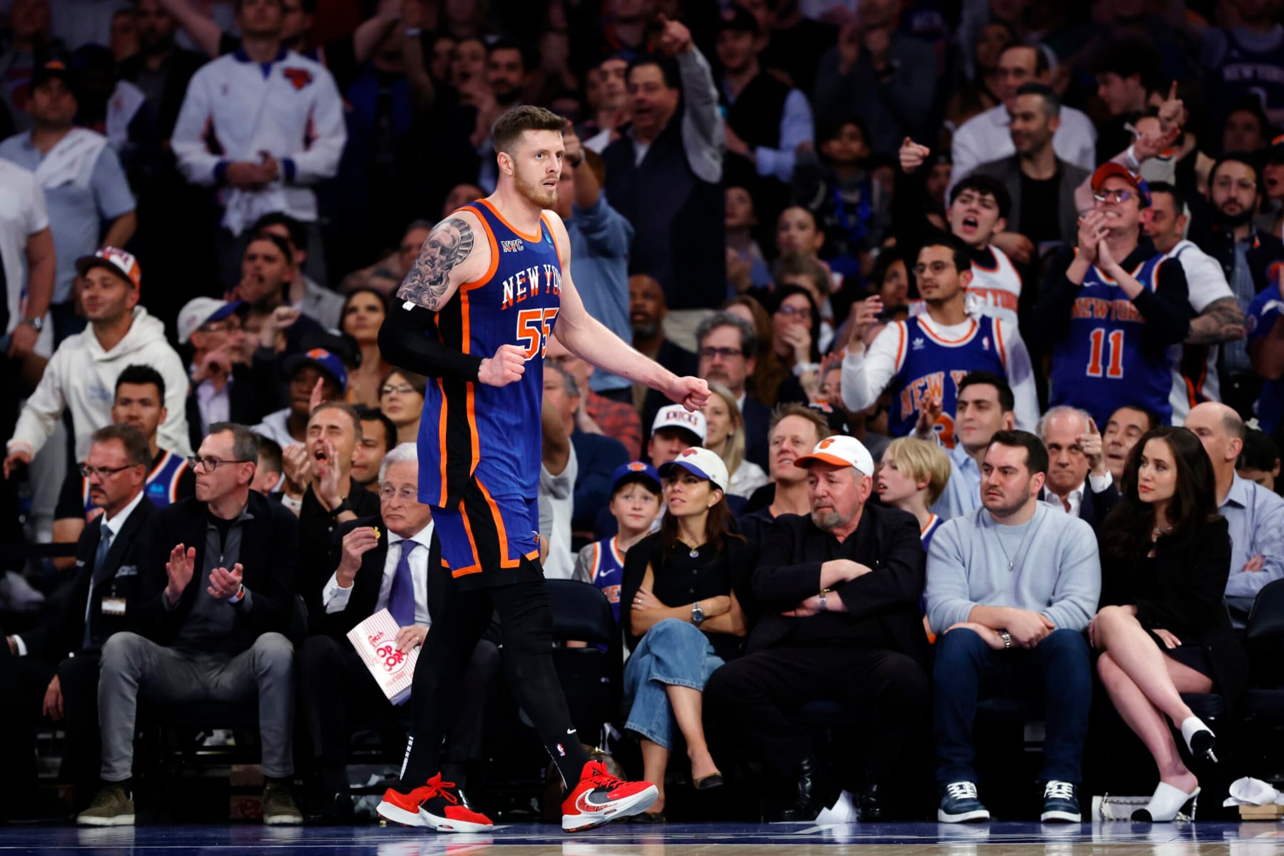 NEW YORK, NEW YORK - MAY 14: Isaiah Hartenstein #55 of the New York Knicks looks on during Game Five of the Eastern Conference Second Round Playoffs against the Indiana Pacers at Madison Square Garden on May 14, 2024 in New York City. The Knicks won 121-91. NOTE TO USER: User expressly acknowledges and agrees that, by downloading and or using this photograph, User is consenting to the terms and conditions of the Getty Images License Agreement. (Photo by Sarah Stier/Getty Images) NEW YORK, NEW YORK - MAY 14: Isaiah Hartenstein #55 of the New York Knicks looks on during Game Five of the Eastern Conference Second Round Playoffs against the Indiana Pacers at Madison Square Garden on May 14, 2024 in New York City. The Knicks won 121-91. NOTE TO USER: User expressly acknowledges and agrees that, by downloading and or using this photograph, User is consenting to the terms and conditions of the Getty Images License Agreement. (Photo by Sarah Stier/Getty Images)