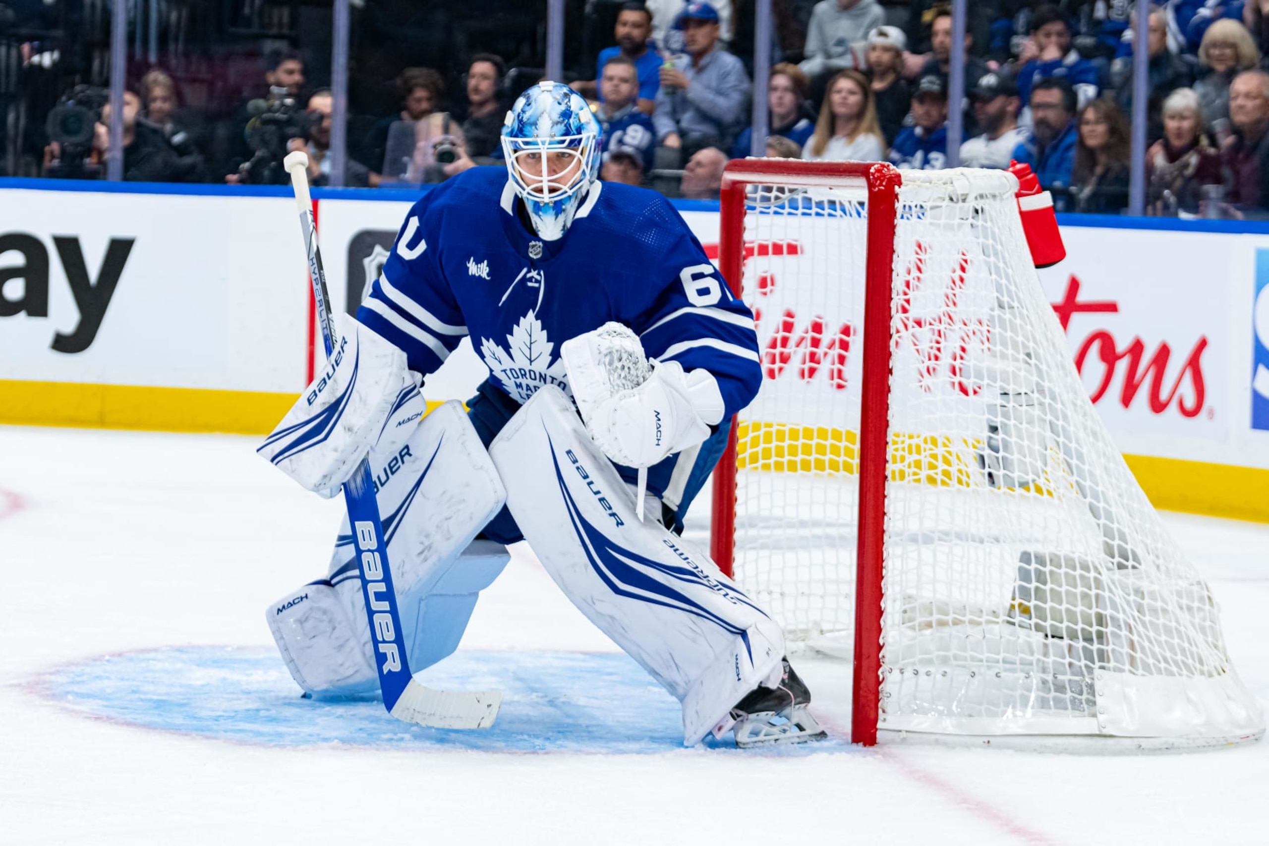 TORONTO, ON - MAY 02: Toronto Maple Leafs Goalie Joseph Woll (60) tends the net during the first period of the 2024 NHL Stanley Cup playoffs first round game six between the Boston Bruins and the Toronto Maple Leafs on May 2, 2024, at Scotiabank Arena in Toronto, ON, Canada. (Photo by Julian Avram/Icon Sportswire via Getty Images)