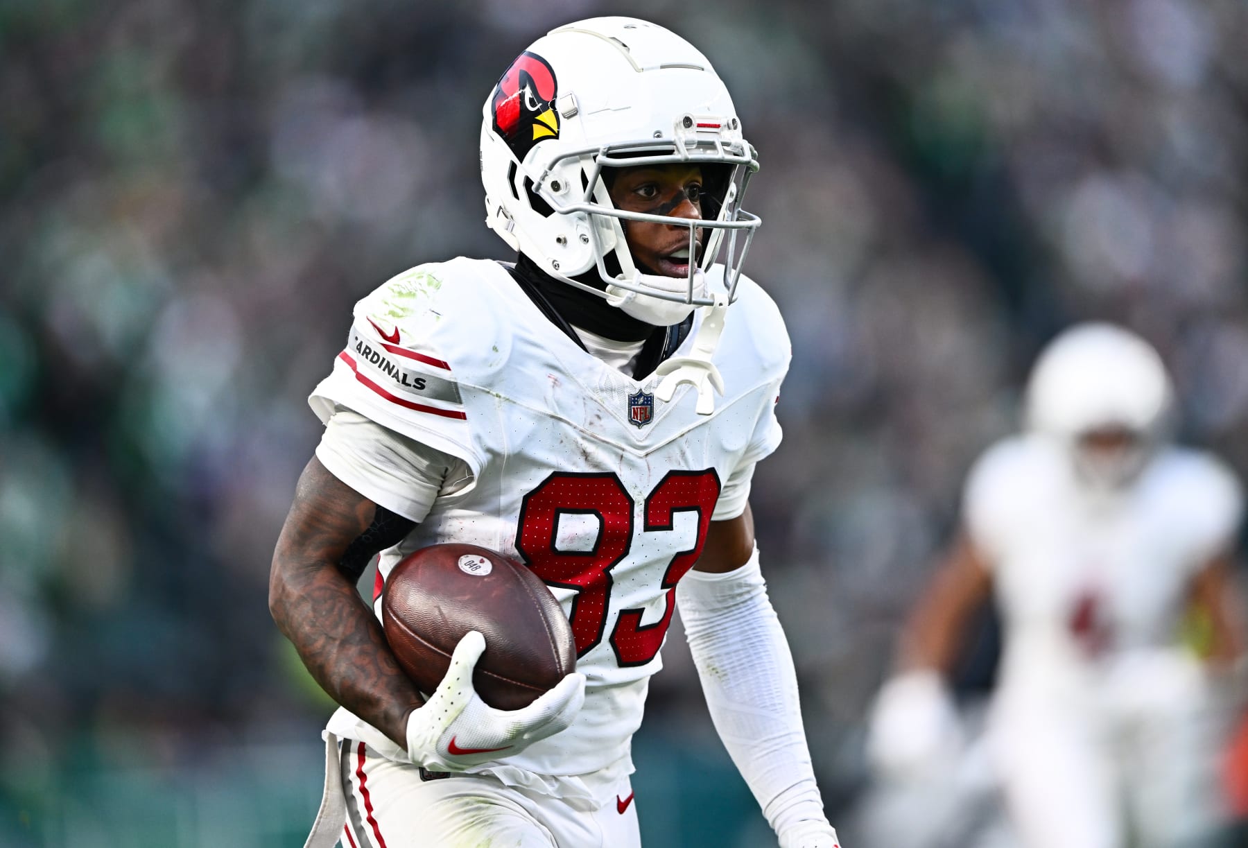 PHILADELPHIA, PA - DECEMBER 31: Arizona Cardinals Wide Receiver Greg Dortch (83) carries the ball in the second half during the game between the Arizona Cardinals and Philadelphia Eagles on December 31, 2023 at Lincoln Financial Field in Philadelphia, PA. (Photo by Kyle Ross/Icon Sportswire via Getty Images)