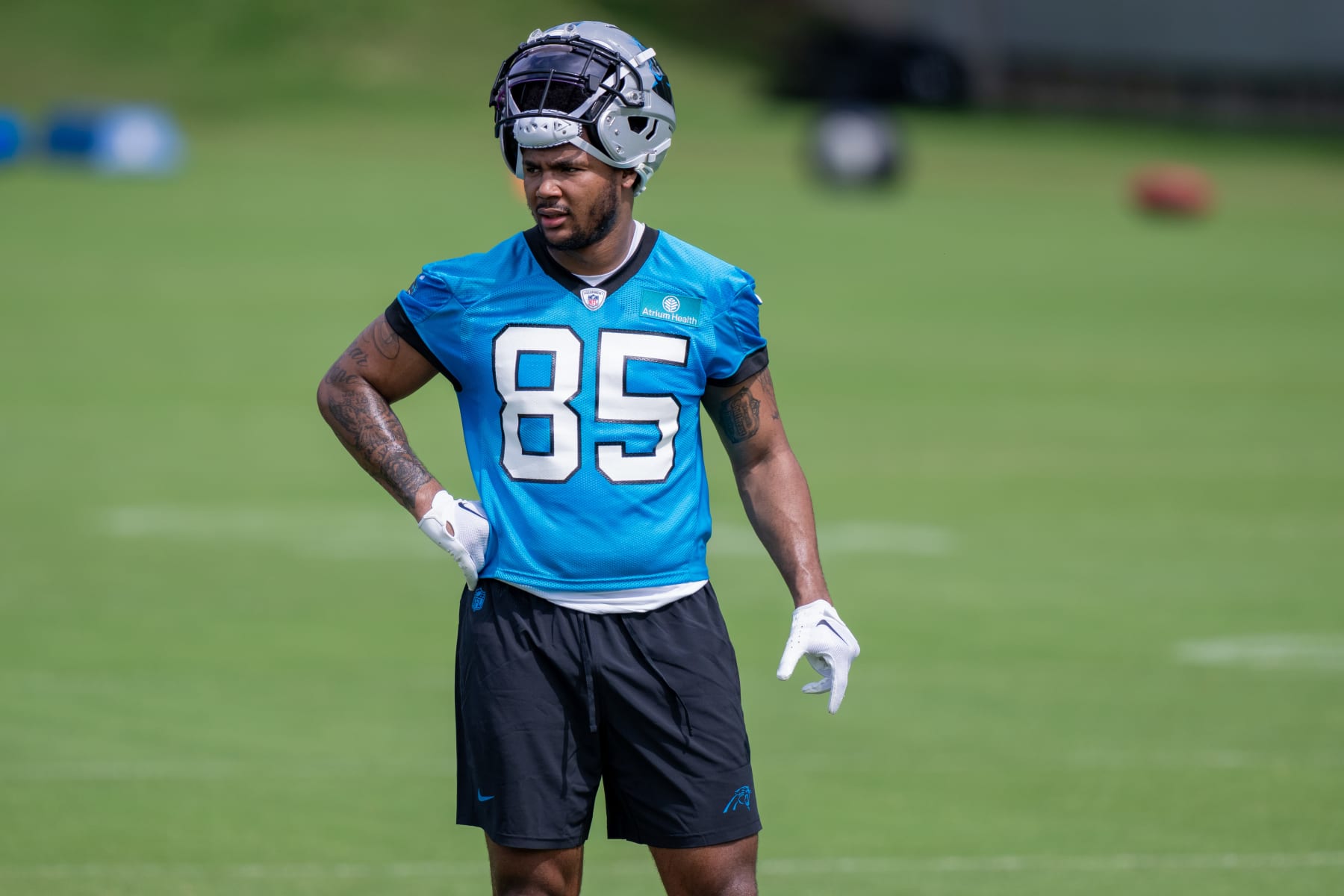 CHARLOTTE, NORTH CAROLINA - MAY 10: Ja'Tavion Sanders #85 of the Carolina Panthers looks on during rookie minicamp on May 10, 2024 in Charlotte, North Carolina. (Photo by Jacob Kupferman/Getty Images)