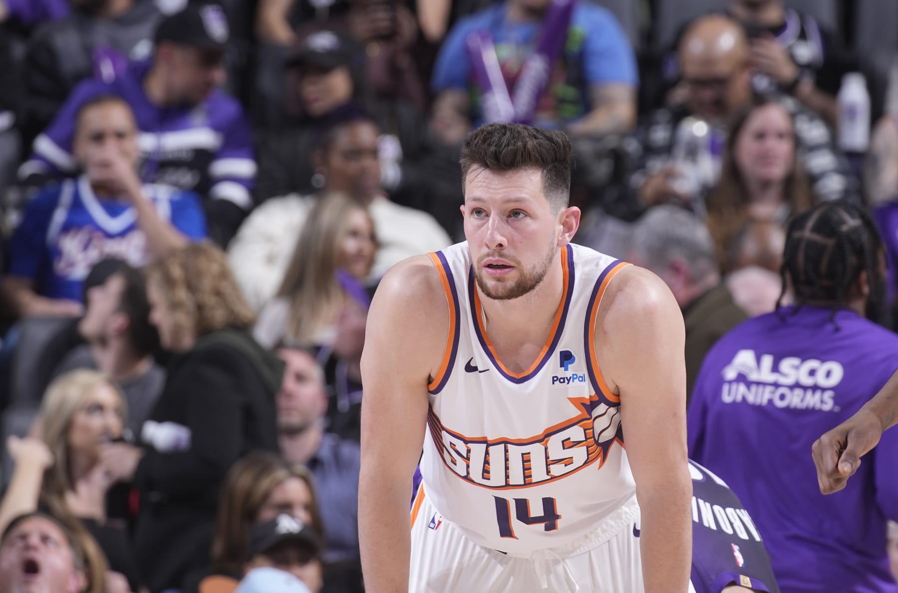 SACRAMENTO, CA - APRIL 12: Drew Eubanks #14 of the Phoenix Suns looks on during the game against the Sacramento Kings on April 12, 2024 at Golden 1 Center in Sacramento, California. NOTE TO USER: User expressly acknowledges and agrees that, by downloading and or using this photograph, User is consenting to the terms and conditions of the Getty Images Agreement. Mandatory Copyright Notice: Copyright 2024 NBAE (Photo by Rocky Widner/NBAE via Getty Images)