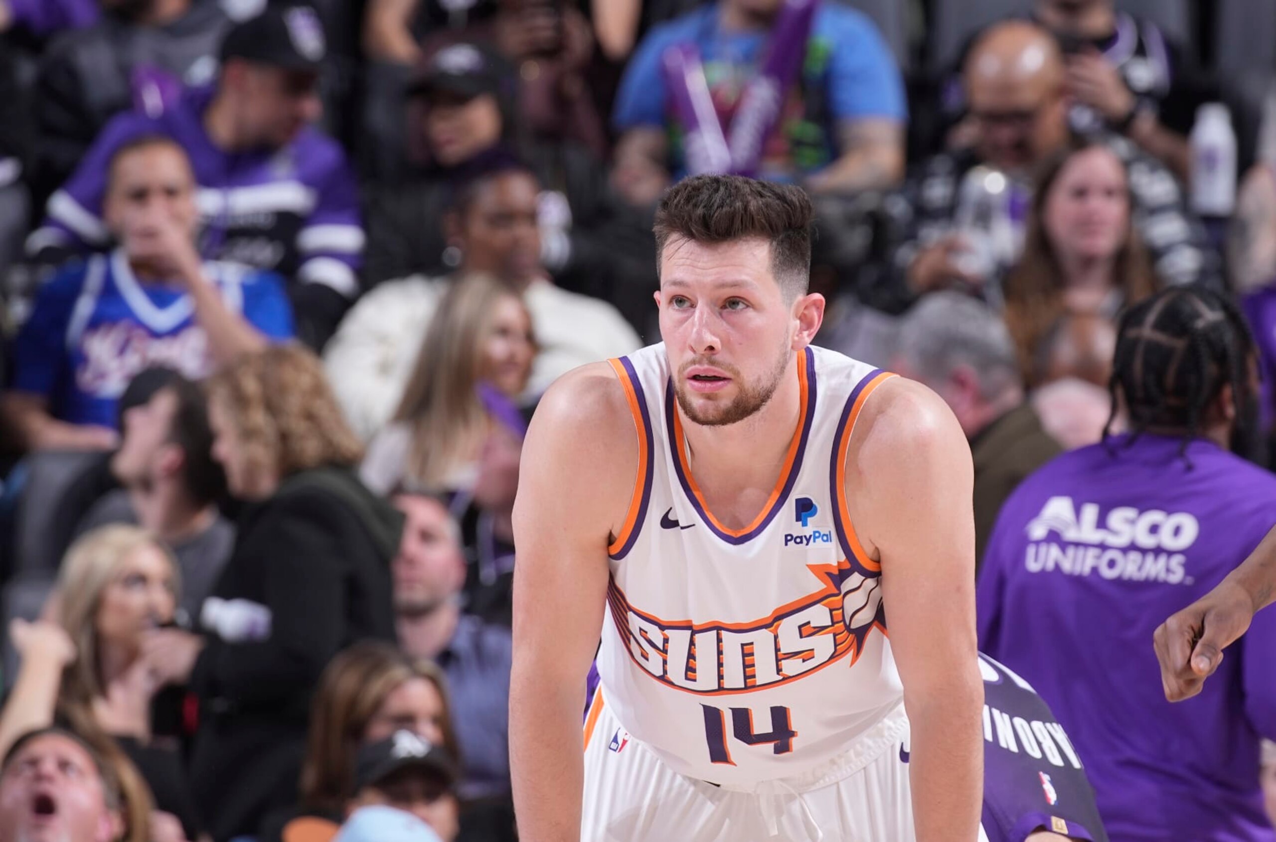 SACRAMENTO, CA - APRIL 12: Drew Eubanks #14 of the Phoenix Suns looks on during the game against the Sacramento Kings on April 12, 2024 at Golden 1 Center in Sacramento, California. NOTE TO USER: User expressly acknowledges and agrees that, by downloading and or using this photograph, User is consenting to the terms and conditions of the Getty Images Agreement. Mandatory Copyright Notice: Copyright 2024 NBAE (Photo by Rocky Widner/NBAE via Getty Images) SACRAMENTO, CA - APRIL 12: Drew Eubanks #14 of the Phoenix Suns looks on during the game against the Sacramento Kings on April 12, 2024 at Golden 1 Center in Sacramento, California. NOTE TO USER: User expressly acknowledges and agrees that, by downloading and or using this photograph, User is consenting to the terms and conditions of the Getty Images Agreement. Mandatory Copyright Notice: Copyright 2024 NBAE (Photo by Rocky Widner/NBAE via Getty Images)