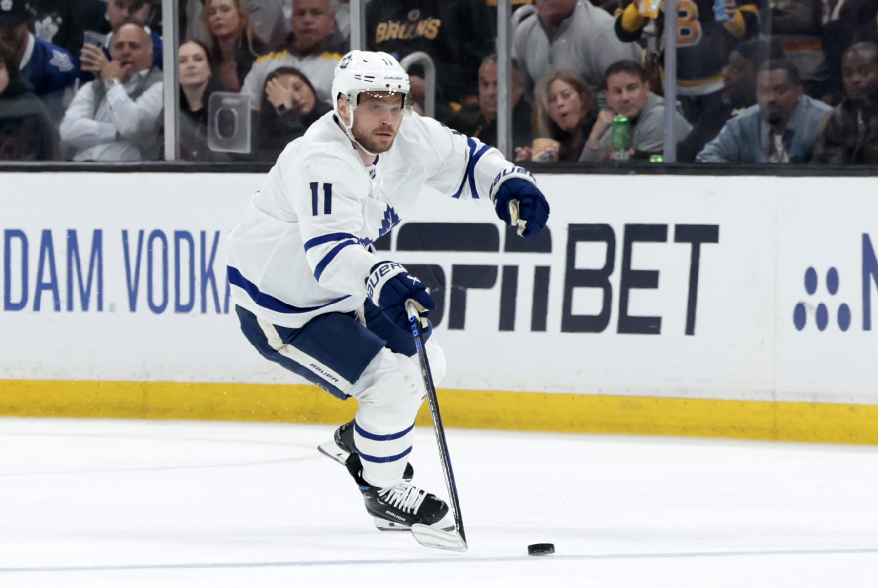 BOSTON, MA - MAY 04: Toronto Maple Leafs center Max Domi (11) gains the blue line during Game 7 of the Eastern Conference First Round playoffs between the Boston Bruins and the Toronto Maple Leafs on May 4, 2024, at TD Garden in Boston, Massachusetts. (Photo by Fred Kfoury III/Icon Sportswire via Getty Images)