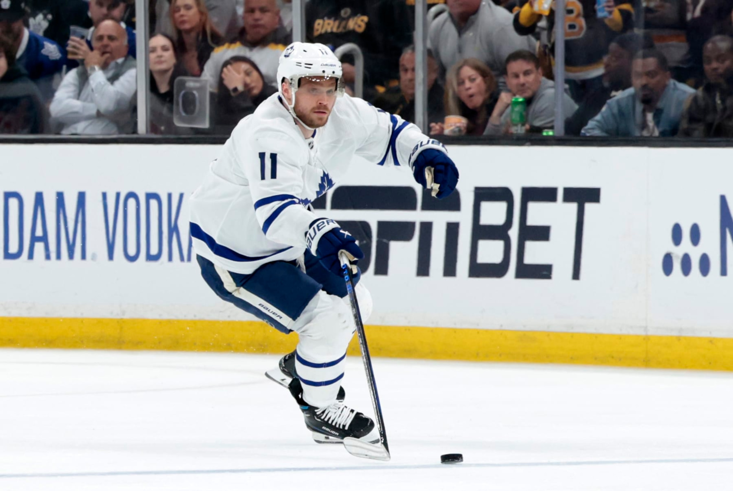 BOSTON, MA - MAY 04: Toronto Maple Leafs center Max Domi (11) gains the blue line during Game 7 of the Eastern Conference First Round playoffs between the Boston Bruins and the Toronto Maple Leafs on May 4, 2024, at TD Garden in Boston, Massachusetts. (Photo by Fred Kfoury III/Icon Sportswire via Getty Images)