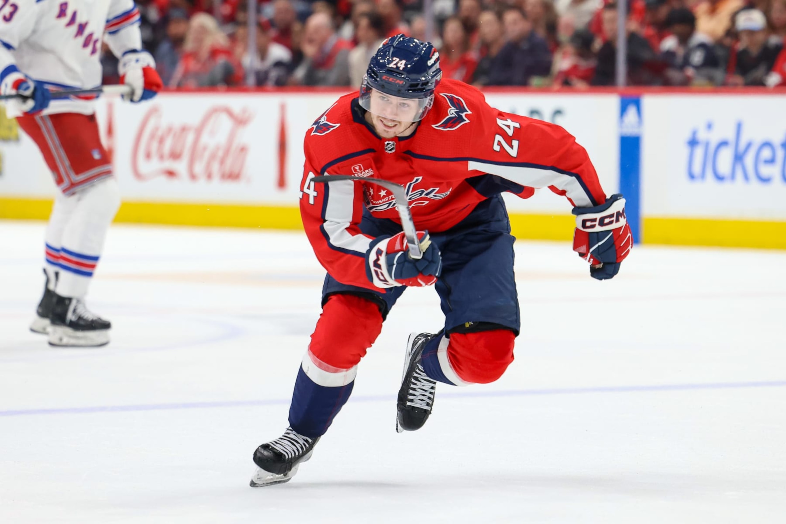 WASHINGTON, DC - APRIL 28: Connor McMichael #24 of the Washington Capitals skates to the puck in Game Four of the First Round of the 2024 Stanley Cup Playoffs against the New York Rangers at Capital One Arena on April 28, 2024 in Washington, D.C. (Photo by John McCreary/NHLI via Getty Images)