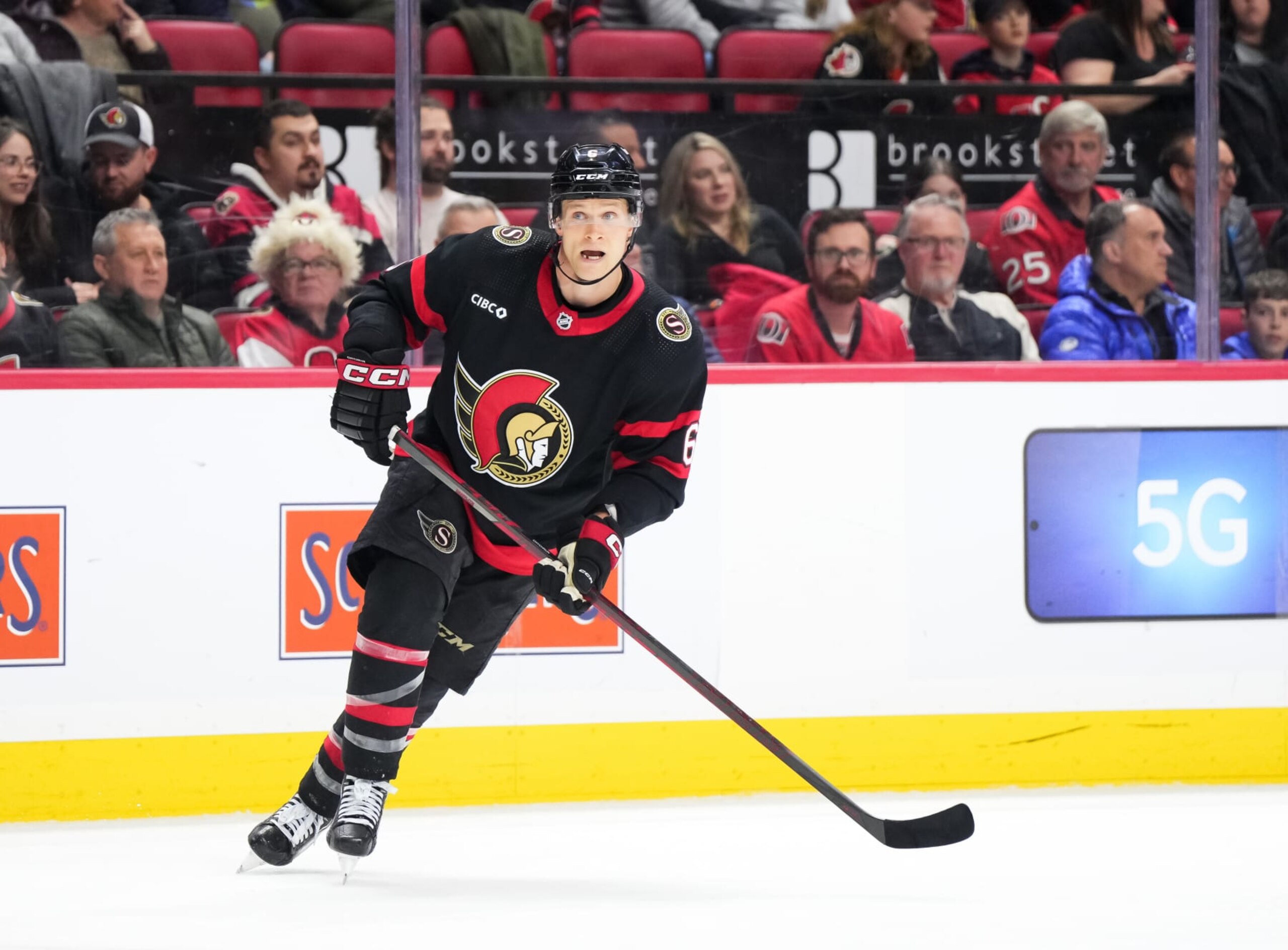 OTTAWA, CANADA - FEBRUARY 13:  Jakob Chychrun #6 of the Ottawa Senators skates against the Columbus Blue Jackets at Canadian Tire Centre on February 13, 2024 in Ottawa, Ontario, Canada.  (Photo by Andrea Cardin/NHLI via Getty Images)