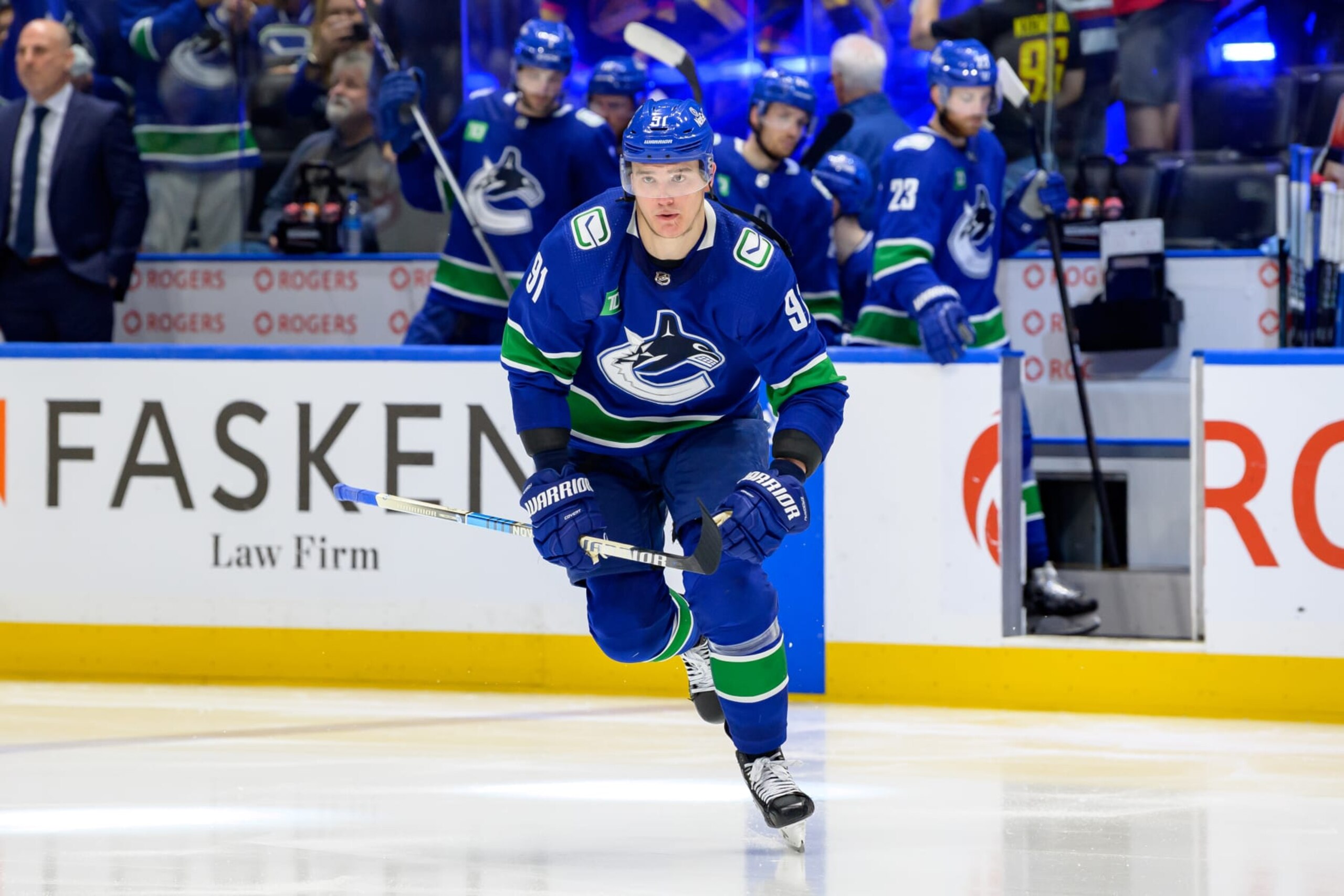 VANCOUVER, CANADA - MAY 10: Nikita Zadorov #91 of the Vancouver Canucks skates during the third period in Game Two of the Second Round of the 2024 Stanley Cup Playoffs against the Edmonton Oilers at Rogers Arena on May 10, 2024 in Vancouver, British Columbia, Canada. (Photo by Derek Cain/Getty Images)