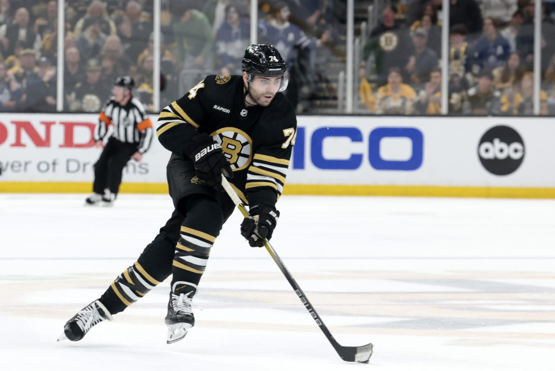 BOSTON, MA - MAY 04: Boston Bruins left wing Jake DeBrusk (74) skates up ice during Game 7 of the Eastern Conference First Round playoffs between the Boston Bruins and the Toronto Maple Leafs on May 4, 2024, at TD Garden in Boston, Massachusetts. (Photo by Fred Kfoury III/Icon Sportswire via Getty Images)