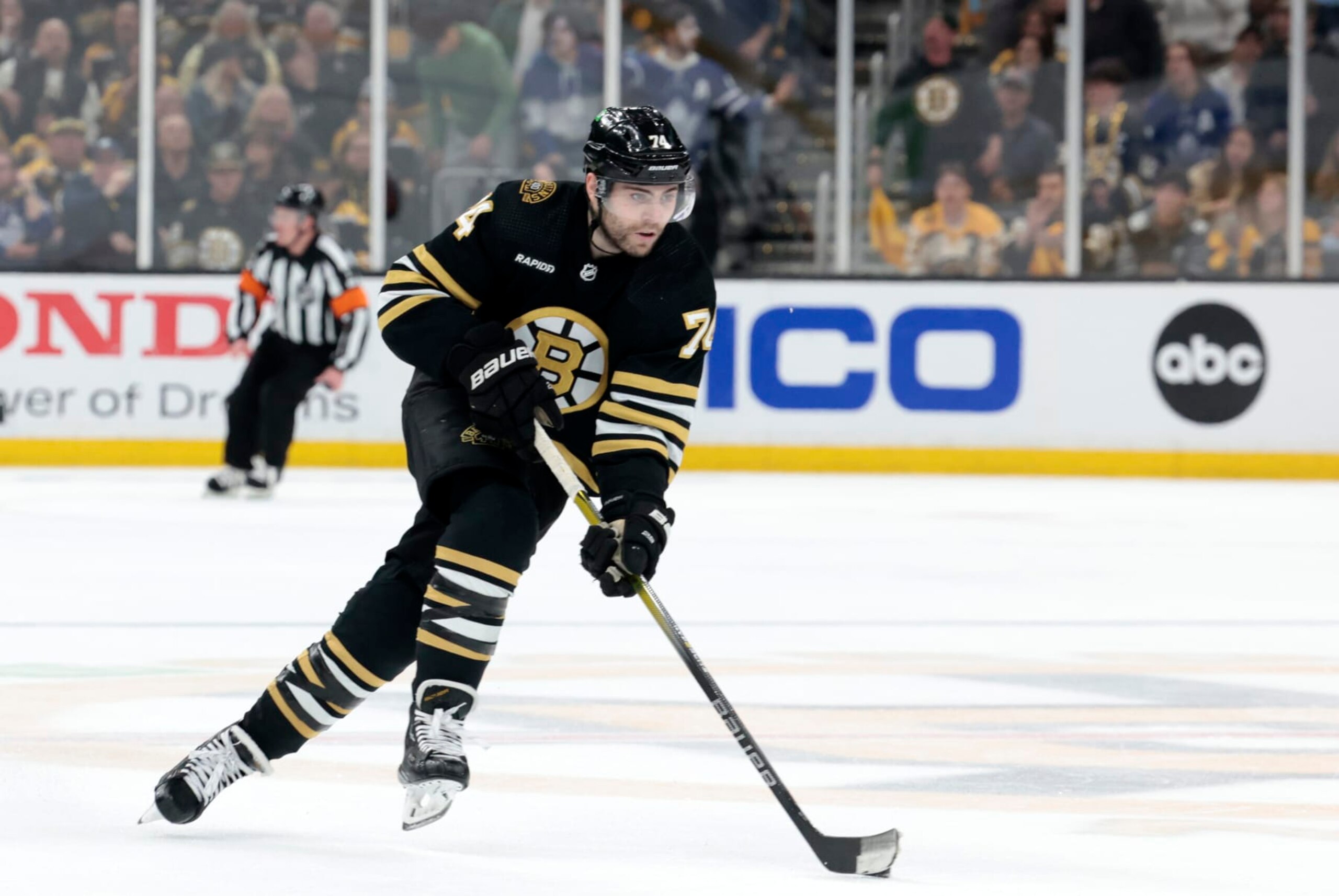 BOSTON, MA - MAY 04: Boston Bruins left wing Jake DeBrusk (74) skates up ice during Game 7 of the Eastern Conference First Round playoffs between the Boston Bruins and the Toronto Maple Leafs on May 4, 2024, at TD Garden in Boston, Massachusetts. (Photo by Fred Kfoury III/Icon Sportswire via Getty Images)