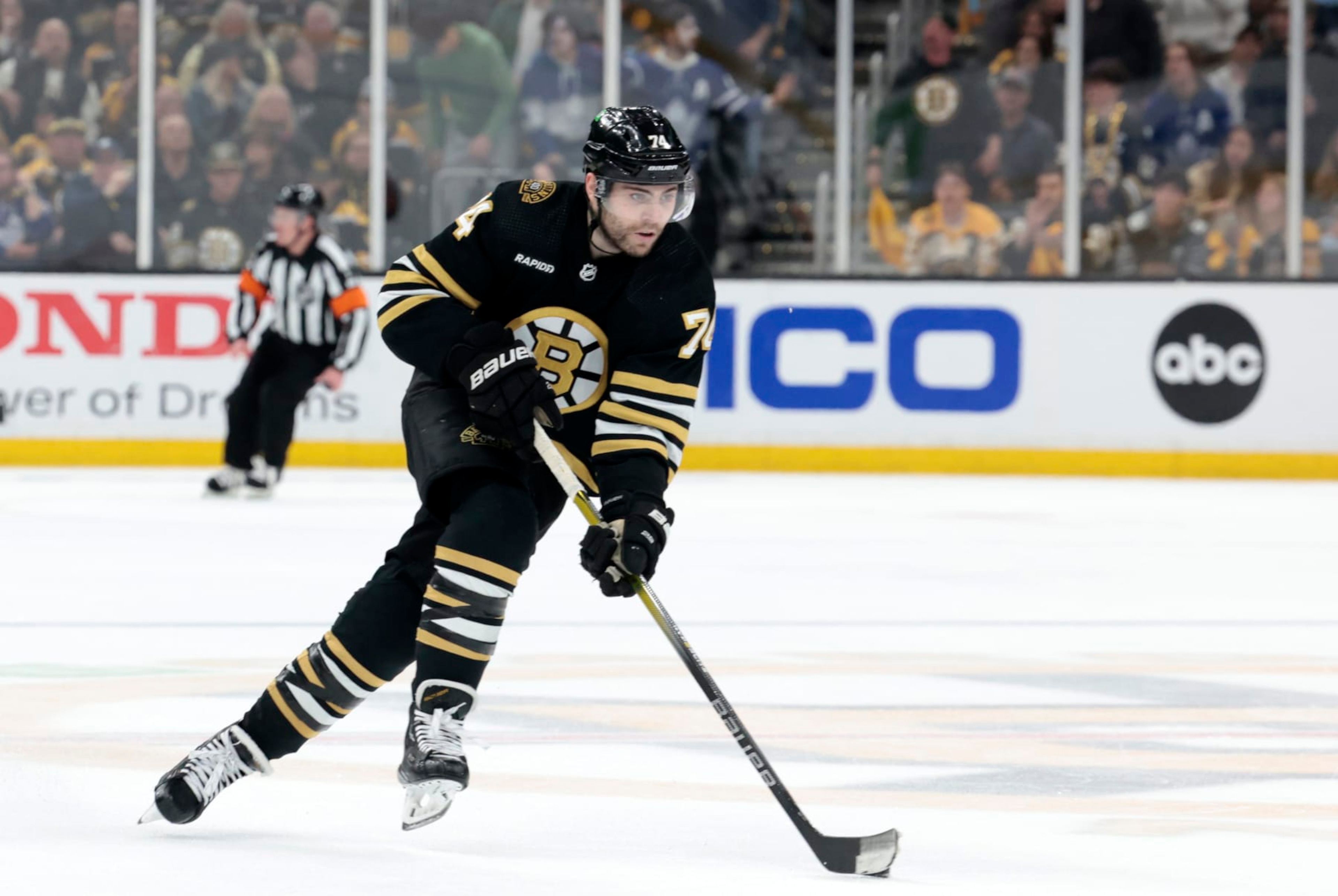BOSTON, MA - MAY 04: Boston Bruins left wing Jake DeBrusk (74) skates up ice during Game 7 of the Eastern Conference First Round playoffs between the Boston Bruins and the Toronto Maple Leafs on May 4, 2024, at TD Garden in Boston, Massachusetts. (Photo by Fred Kfoury III/Icon Sportswire via Getty Images)