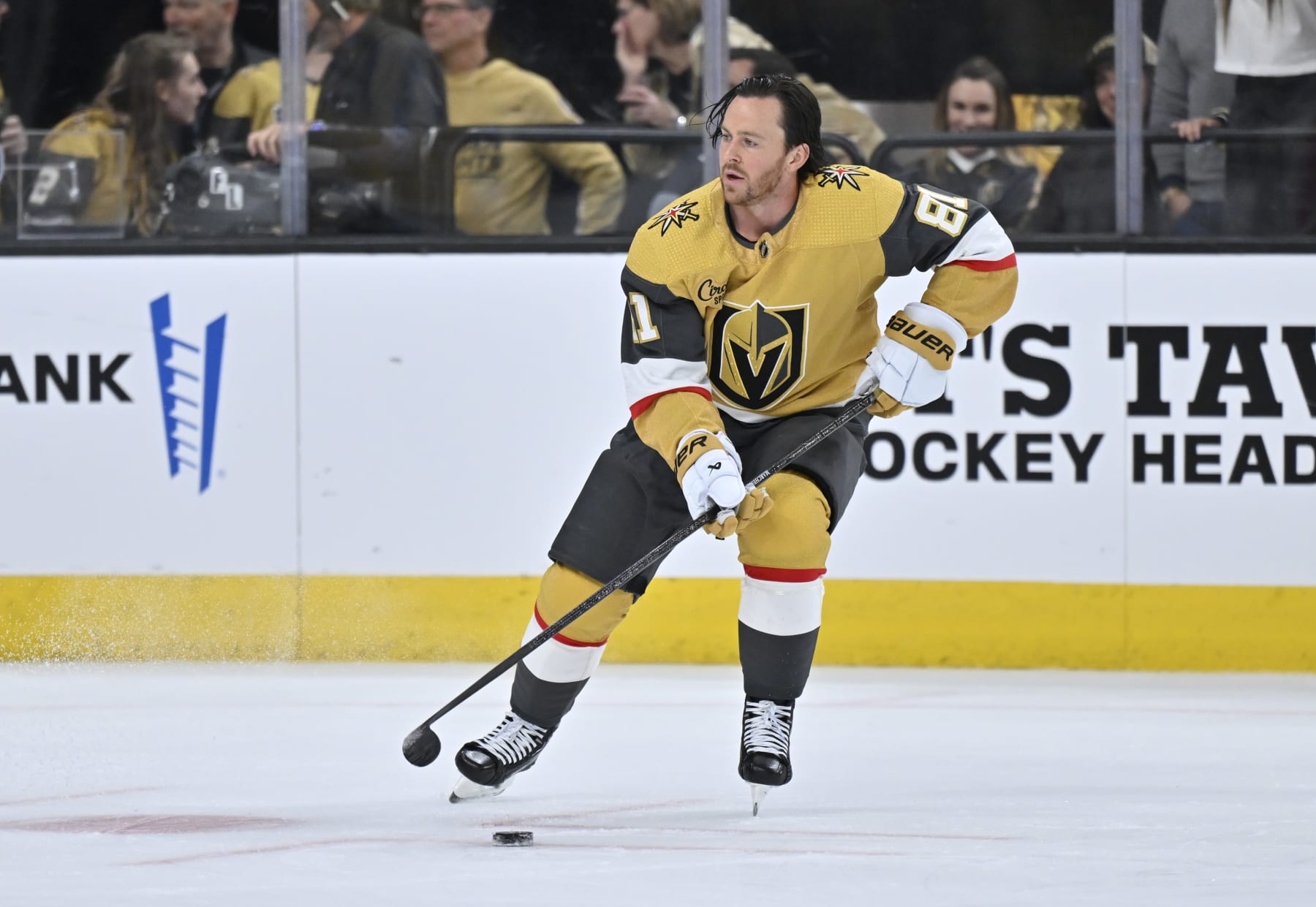 LAS VEGAS, NEVADA - APRIL 27: Jonathan Marchessault #81 of the Vegas Golden Knights warms up prior to Game Three of the First Round of the 2024 Stanley Cup Playoffs against the Dallas Stars at T-Mobile Arena on April 27, 2024 in Las Vegas, Nevada.  (Photo by David Becker/NHLI via Getty Images)