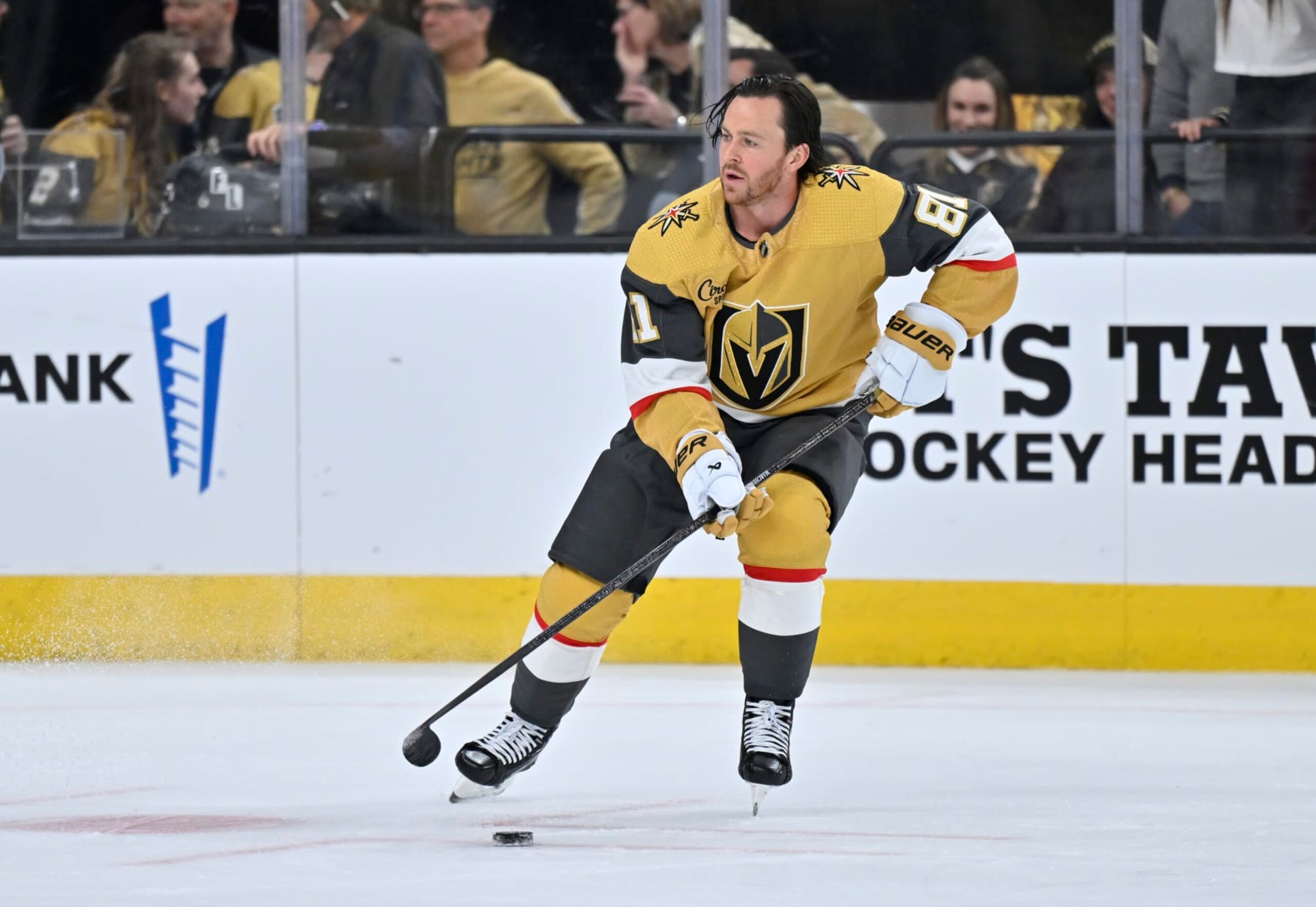 LAS VEGAS, NEVADA - APRIL 27: Jonathan Marchessault #81 of the Vegas Golden Knights warms up prior to Game Three of the First Round of the 2024 Stanley Cup Playoffs against the Dallas Stars at T-Mobile Arena on April 27, 2024 in Las Vegas, Nevada.  (Photo by David Becker/NHLI via Getty Images)