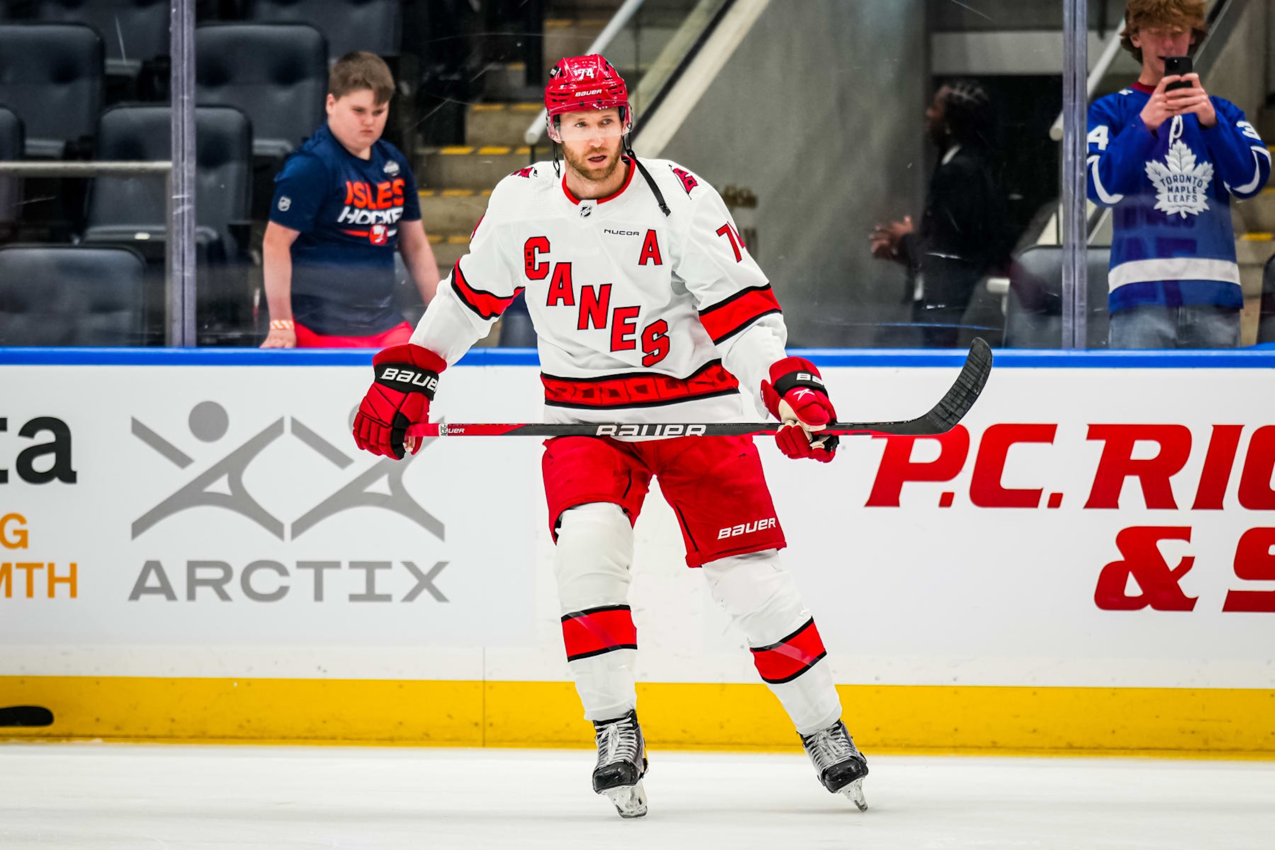 ELMONT, NEW YORK - APRIL 27:  Jaccob Slavin #74 of the Carolina Hurricanes warms up prior to Game Four of the First Round of the 2024 Stanley Cup Playoffs against the New York Islanders at UBS Arena on April 27, 2024 in Elmont, New York. (Photo by Josh Lavallee/NHLI via Getty Images)