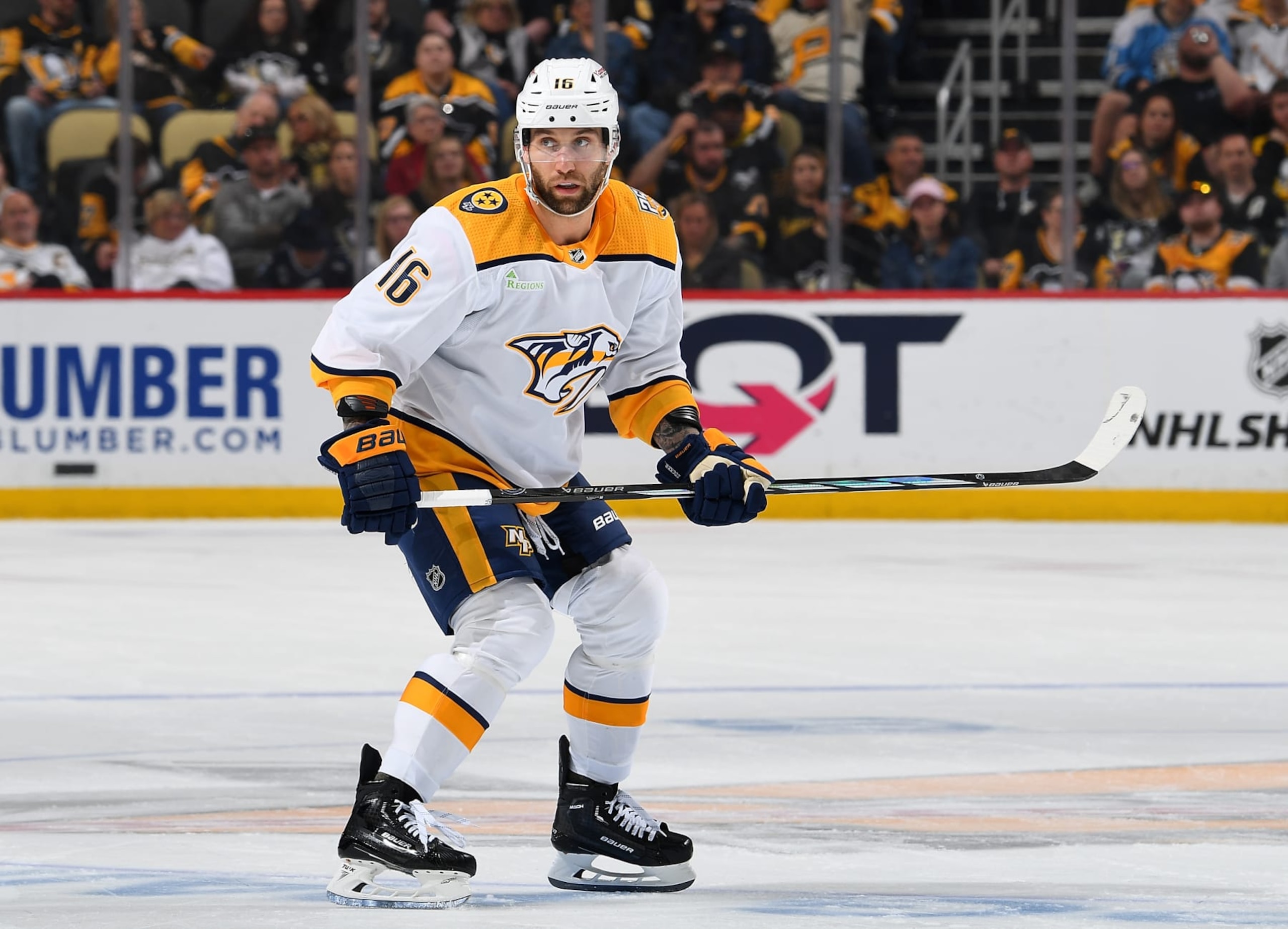 PITTSBURGH, PA - APRIL 15:  Jason Zucker #16 of the Nashville Predators skates against the Pittsburgh Penguins at PPG PAINTS Arena on April 15, 2024 in Pittsburgh, Pennsylvania. (Photo by Joe Sargent/NHLI via Getty Images)